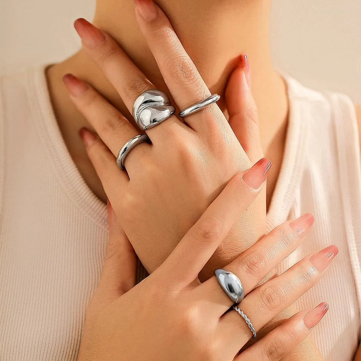 Gold Chunky Rings Set for Women,Boho Stackable Rings Gold Stacking Knuckle Rings Open Dome Ring Chunky Rings Geometric Curved Minimalist Simple Rings Jewelry