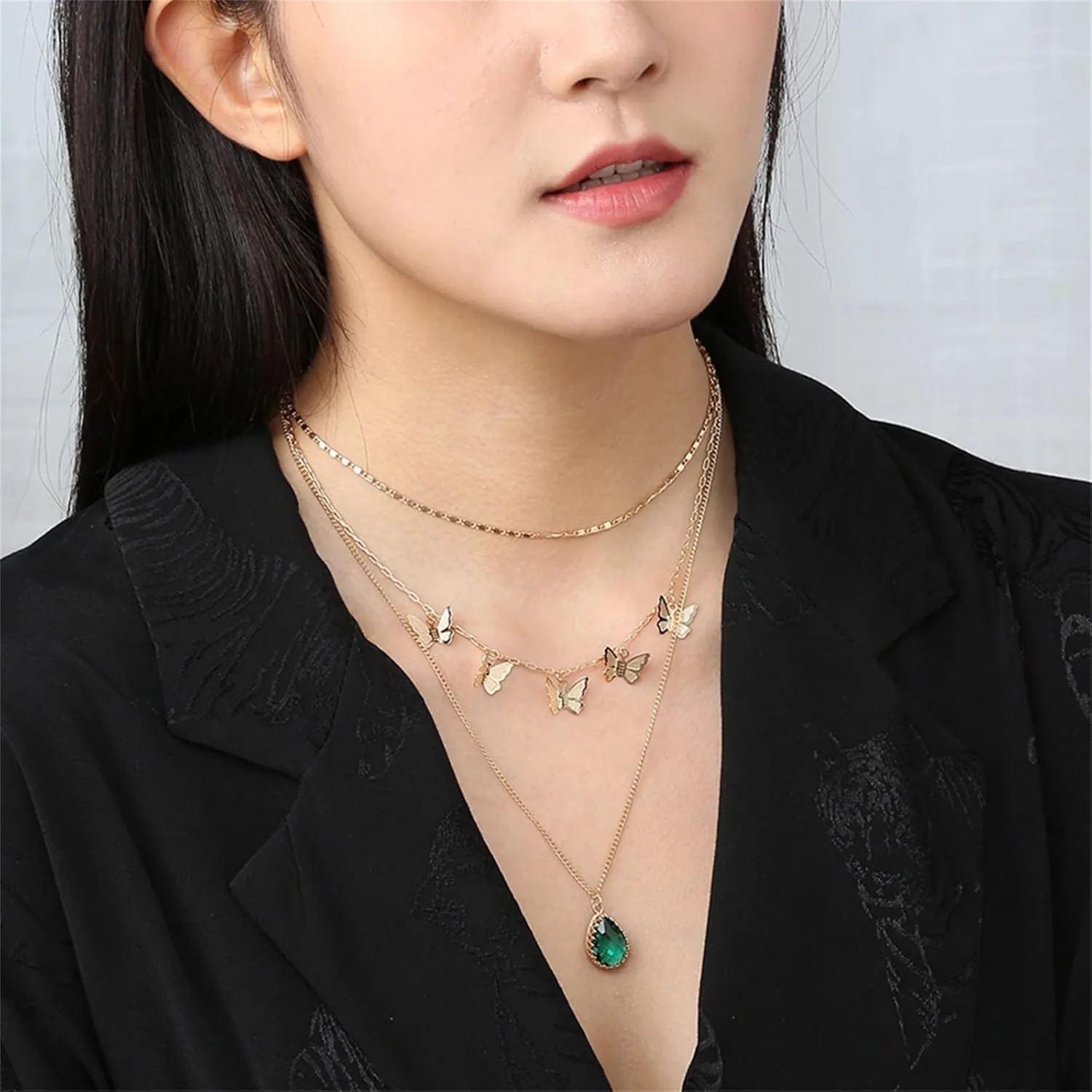 Gold Female Zircon Pendant Elegant Faceted Drop layer Necklace Gold Jewelry for Women Gifts Necklaces for Valentines Day