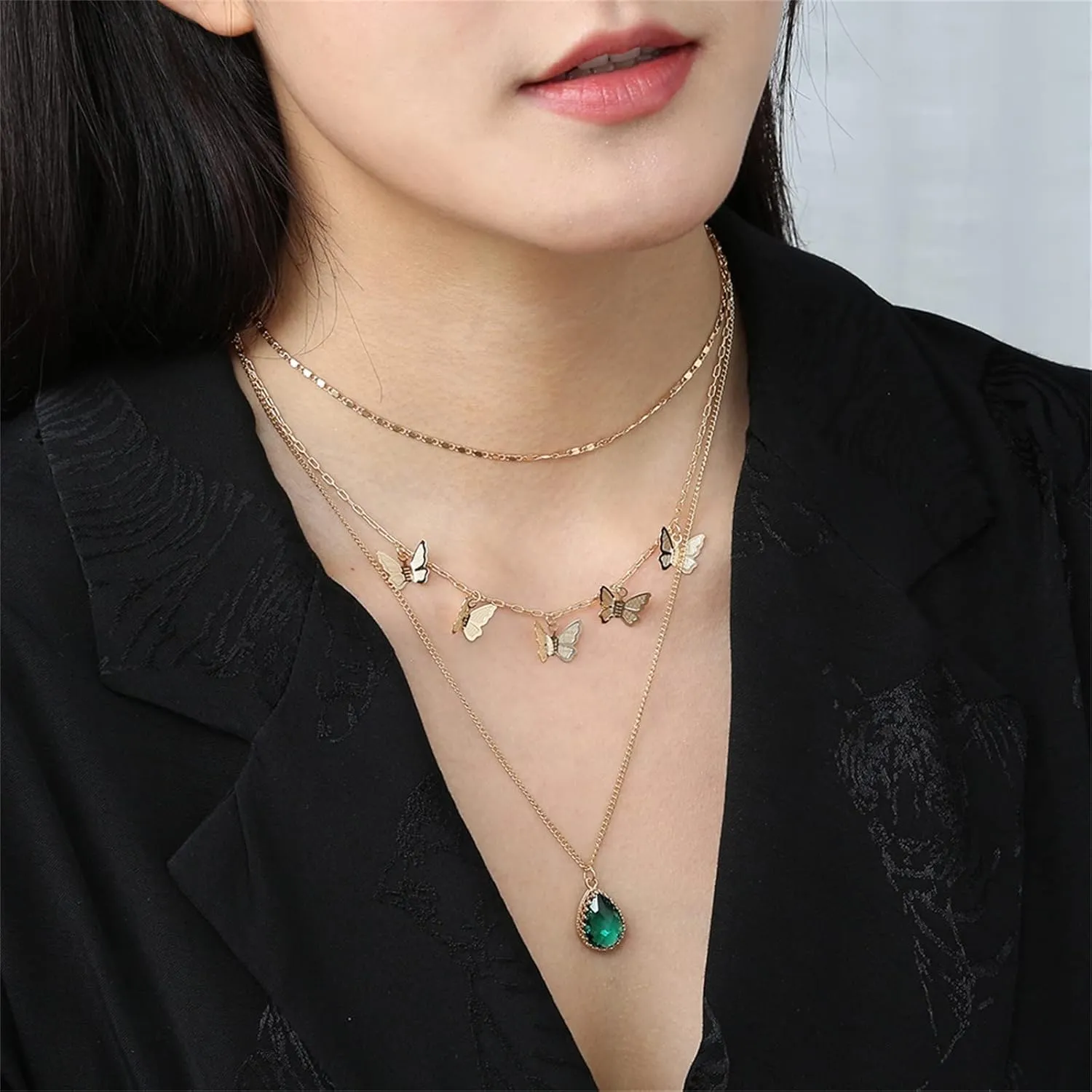 Gold Female Zircon Pendant Elegant Faceted Drop layer Necklace Gold Jewelry for Women Gifts Necklaces for Valentines Day