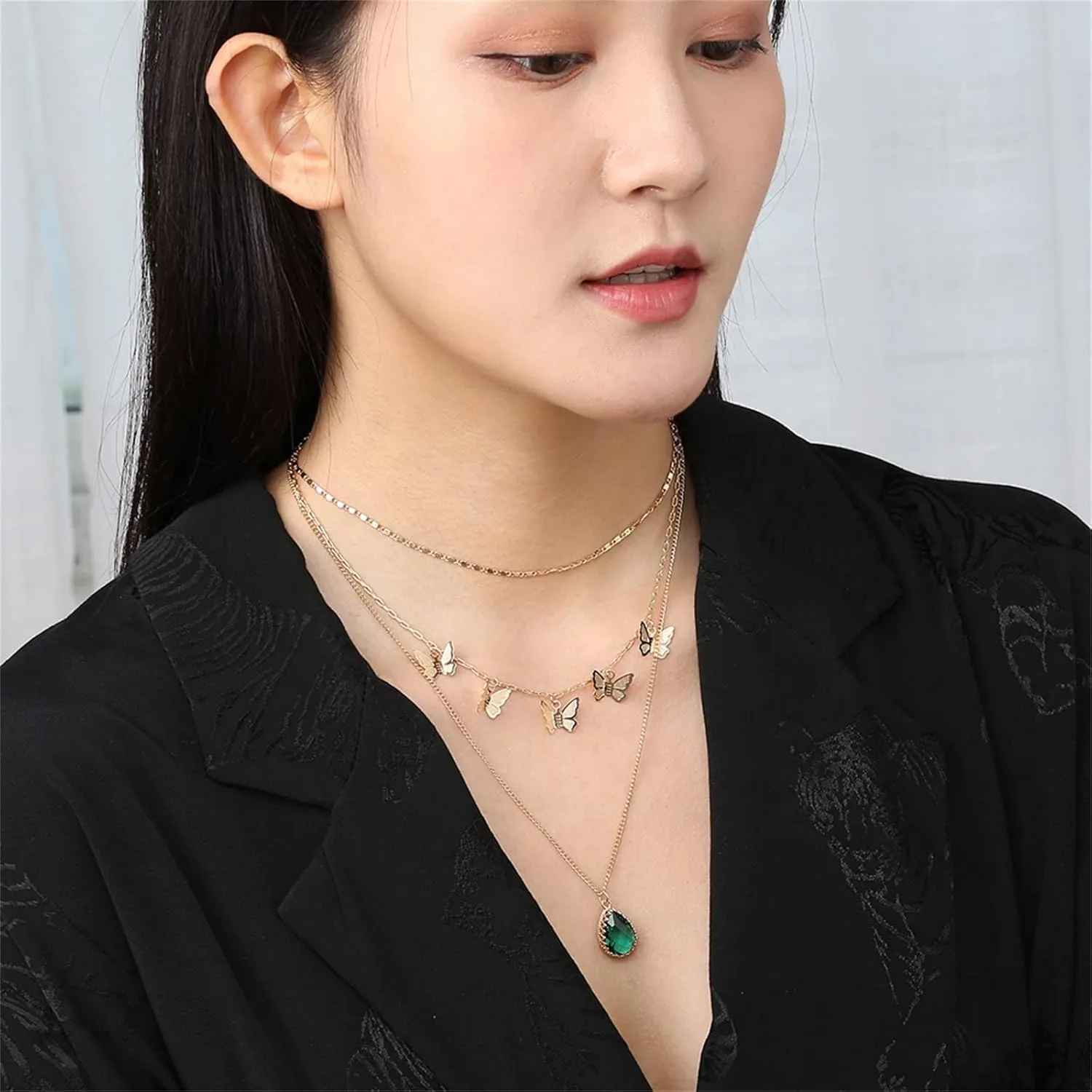 Gold Female Zircon Pendant Elegant Faceted Drop layer Necklace Gold Jewelry for Women Gifts Necklaces for Valentines Day