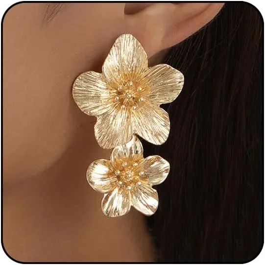 Gold Flower Earrings for Women Dangling Big Statement Earrings for Women Large Floral Stud Earring Daisy Spring Summer Fancy Earring Chunky Flower Gold Jewelry