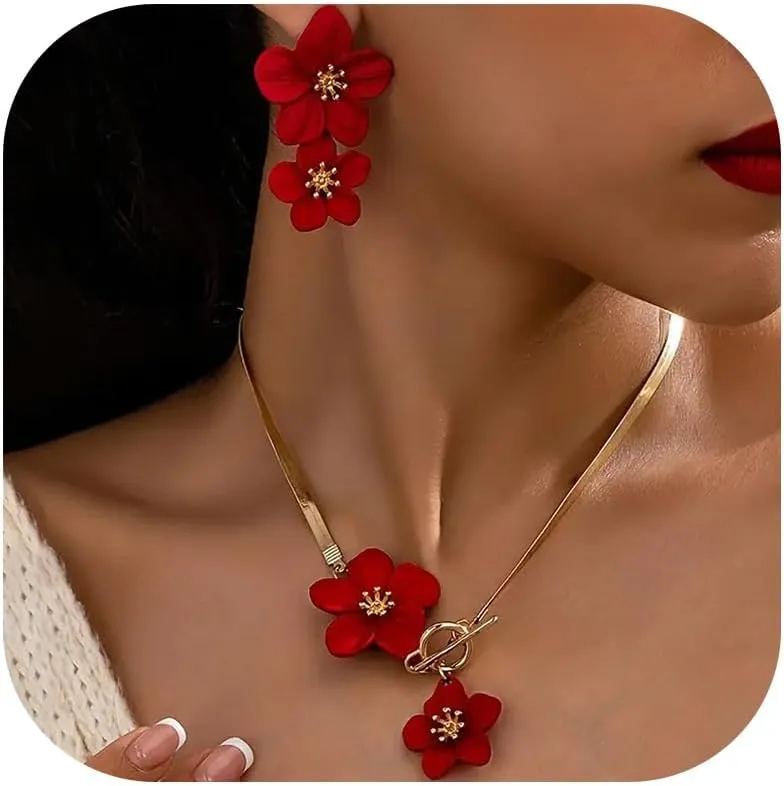 Gold Flower Earrings Necklace Set Floral Statement Earrings for Women Flower Wedding Jewelry Sets for Brides Wedding Guest Dresses for Women 2025