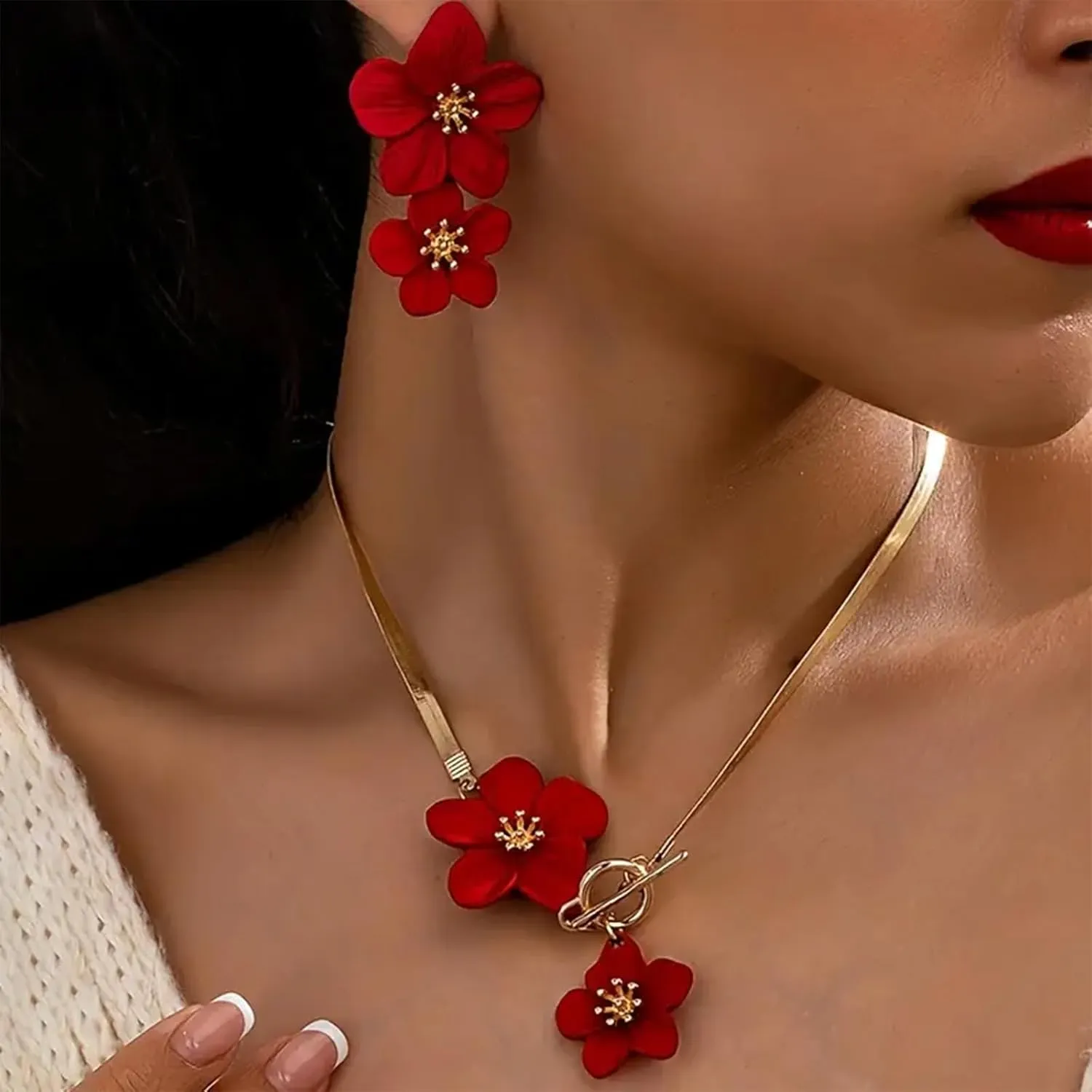 Gold Flower Earrings Necklace Set Floral Statement Earrings for Women Flower Wedding Jewelry Sets for Brides Wedding Guest Dresses for Women 2025