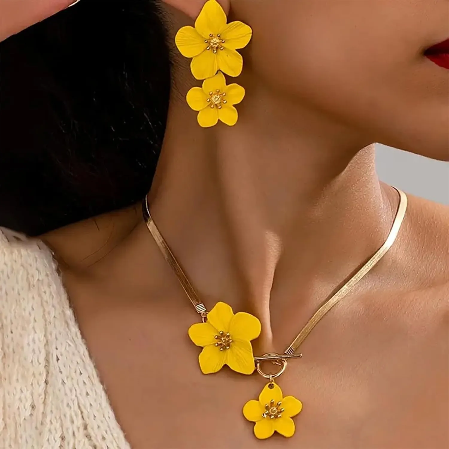 Gold Flower Earrings Necklace Set Floral Statement Earrings for Women Flower Wedding Jewelry Sets for Brides Wedding Guest Dresses for Women 2025