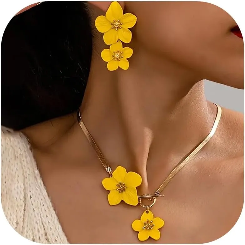Gold Flower Earrings Necklace Set Floral Statement Earrings for Women Flower Wedding Jewelry Sets for Brides Wedding Guest Dresses for Women 2025