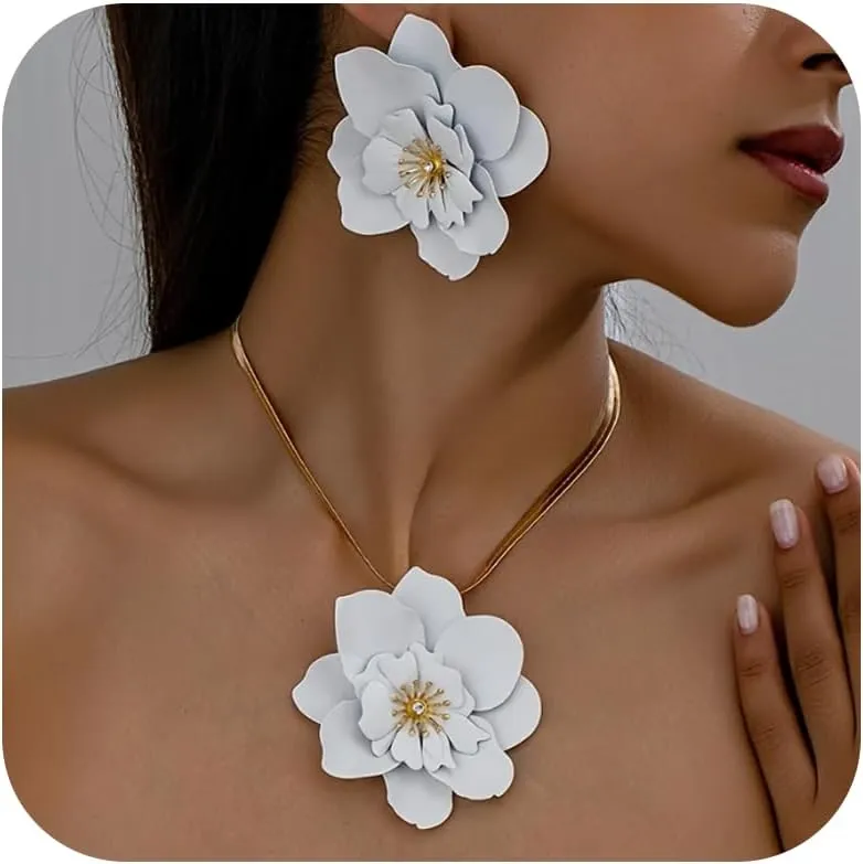 Gold Flower Earrings Necklace Set Floral Statement Earrings for Women Flower Wedding Jewelry Sets for Brides Wedding Guest Dresses for Women 2025