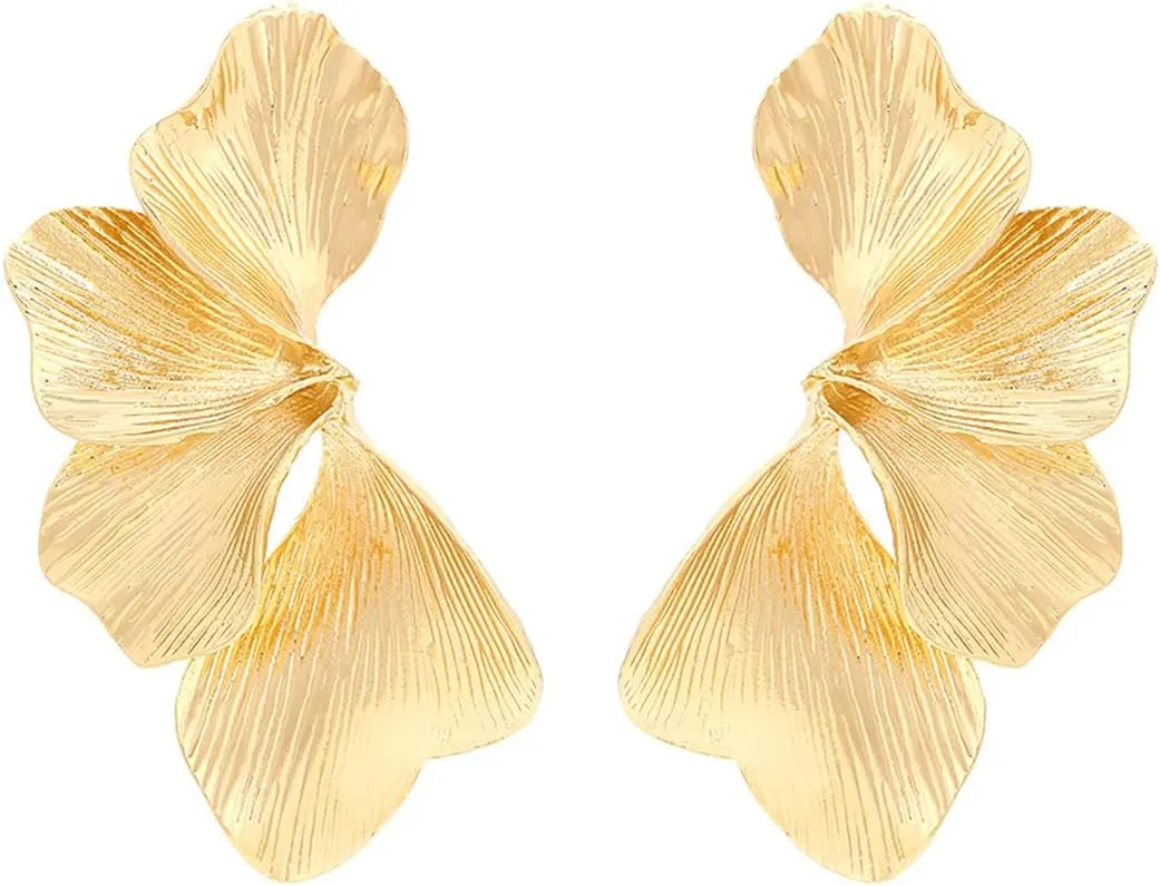 Gold Flower Earrings Statement Earrings for Women Big Exaggerated Floral Petal Leaf Stud Earrings