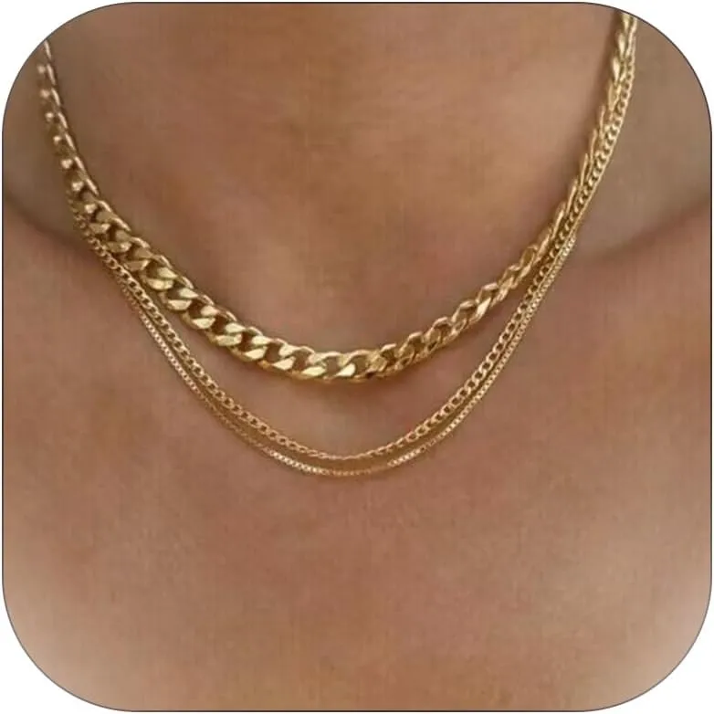 Gold Layered Chain Necklaces for Women Choker Set Cuban Chain Necklaces Trendy