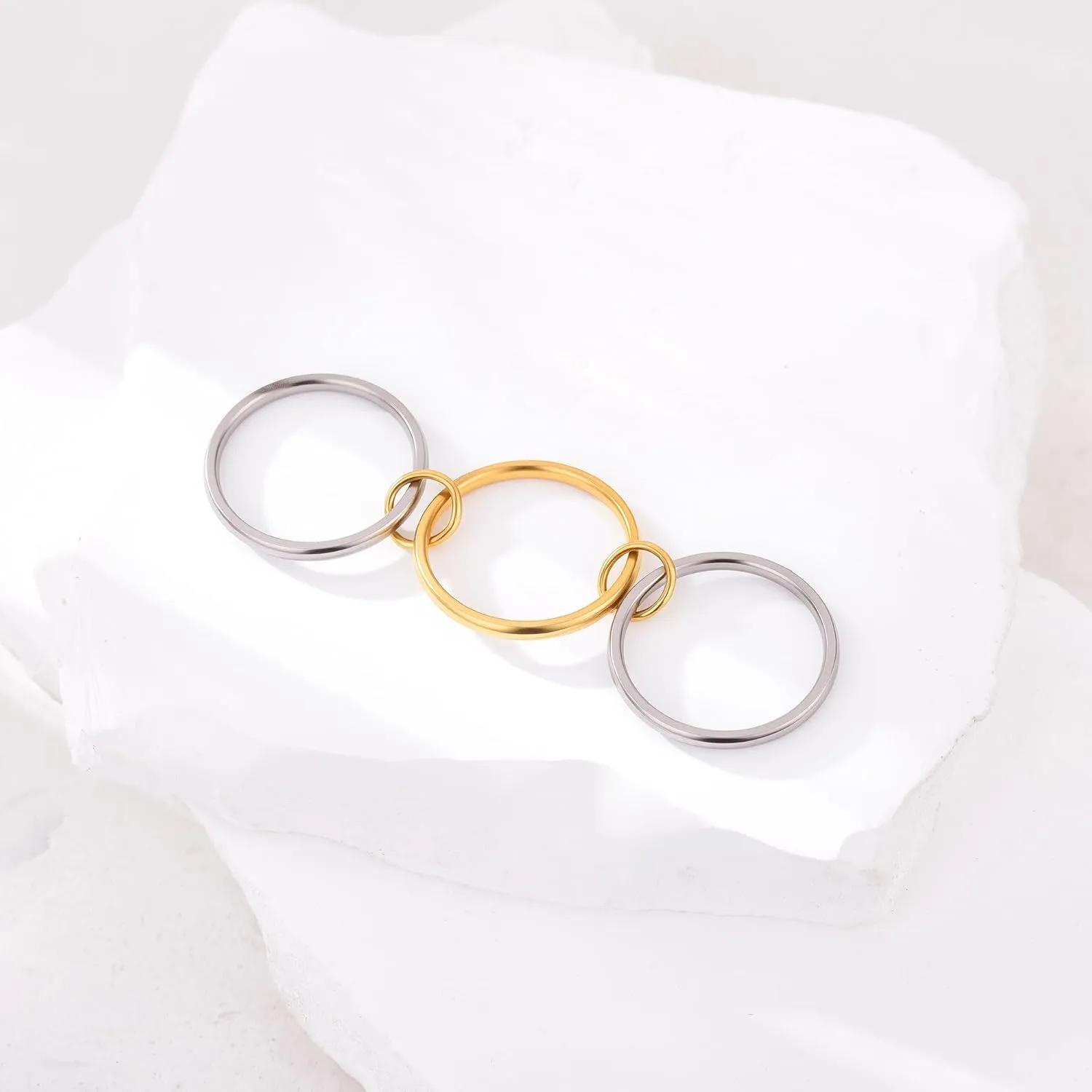 Gold Stackable Rings for Women, Gold Silver Ring Stack Set, Mixed Metal Stacked, Two Tone Connected, Dainty Interlocking Statement Finger Rings Jewelry