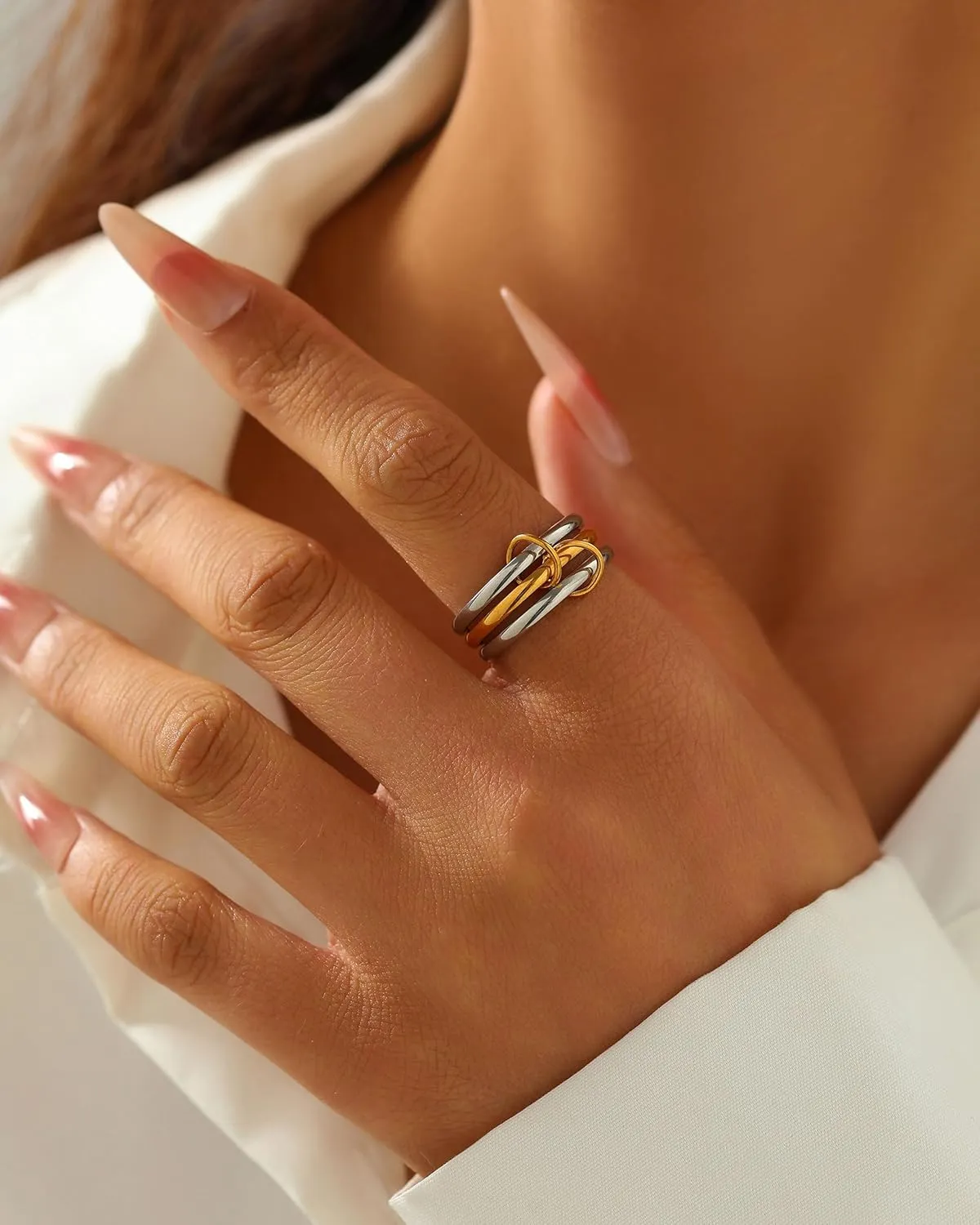 Gold Stackable Rings for Women, Gold Silver Ring Stack Set, Mixed Metal Stacked, Two Tone Connected, Dainty Interlocking Statement Finger Rings Jewelry