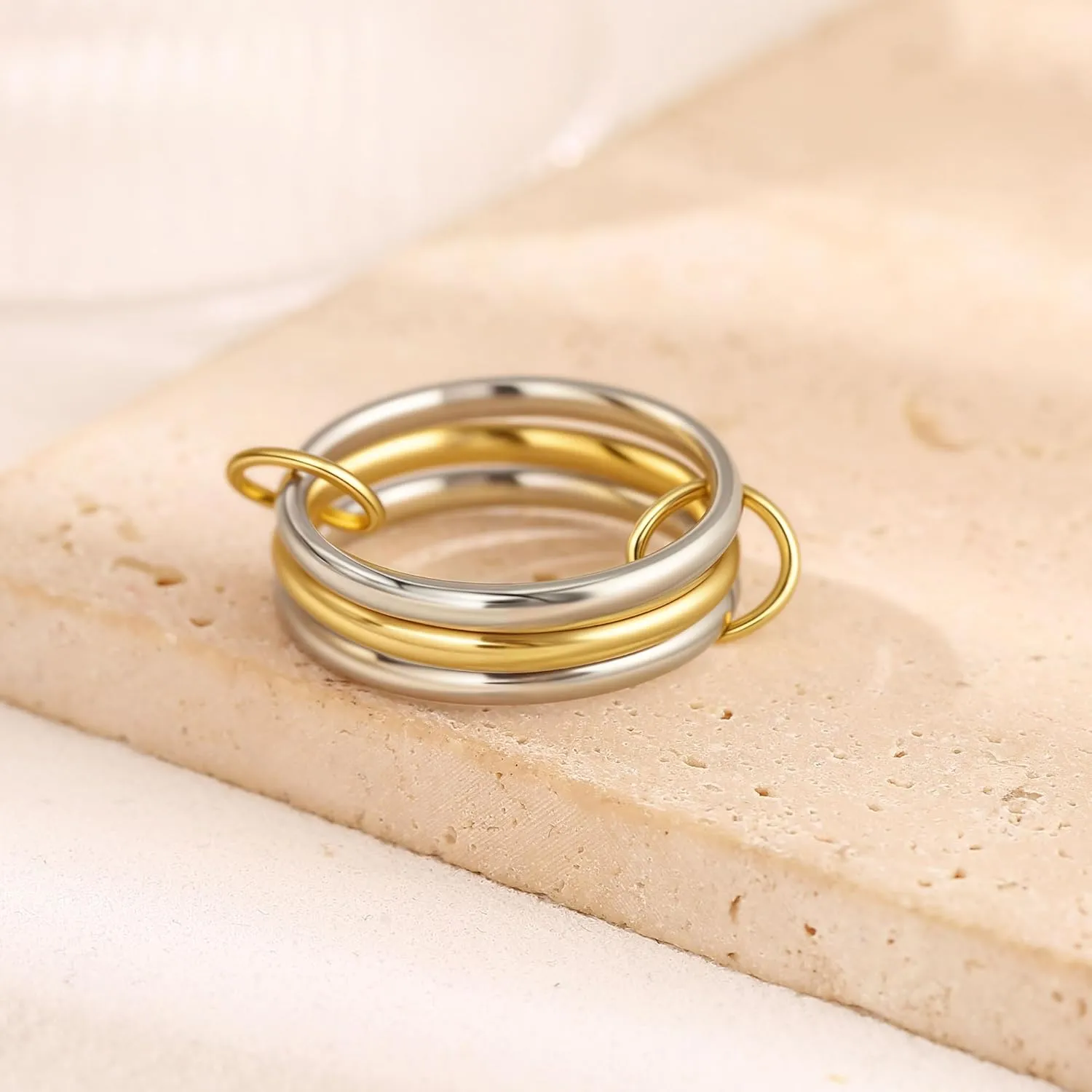 Gold Stackable Rings for Women, Gold Silver Ring Stack Set, Mixed Metal Stacked, Two Tone Connected, Dainty Interlocking Statement Finger Rings Jewelry