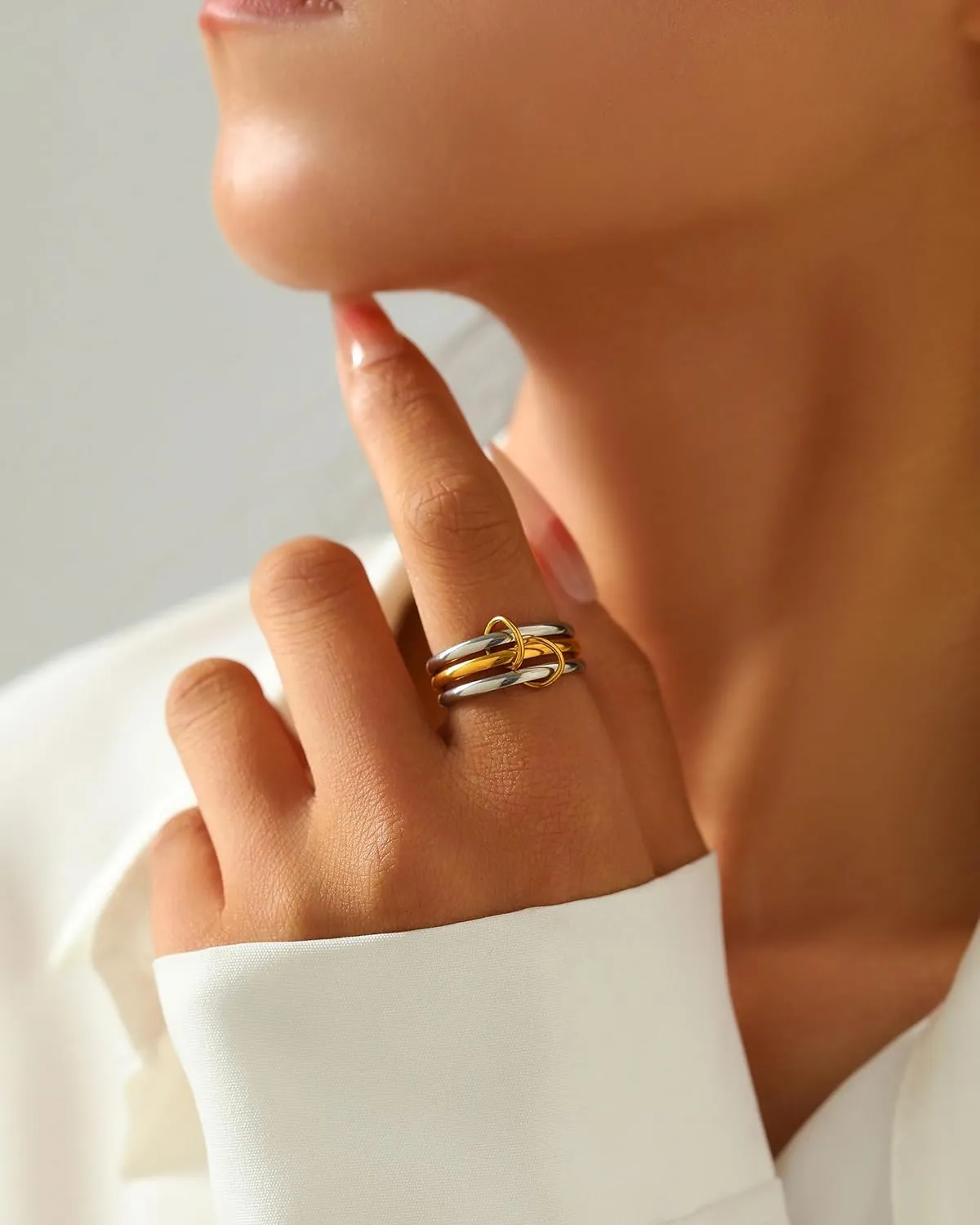 Gold Stackable Rings for Women, Gold Silver Ring Stack Set, Mixed Metal Stacked, Two Tone Connected, Dainty Interlocking Statement Finger Rings Jewelry
