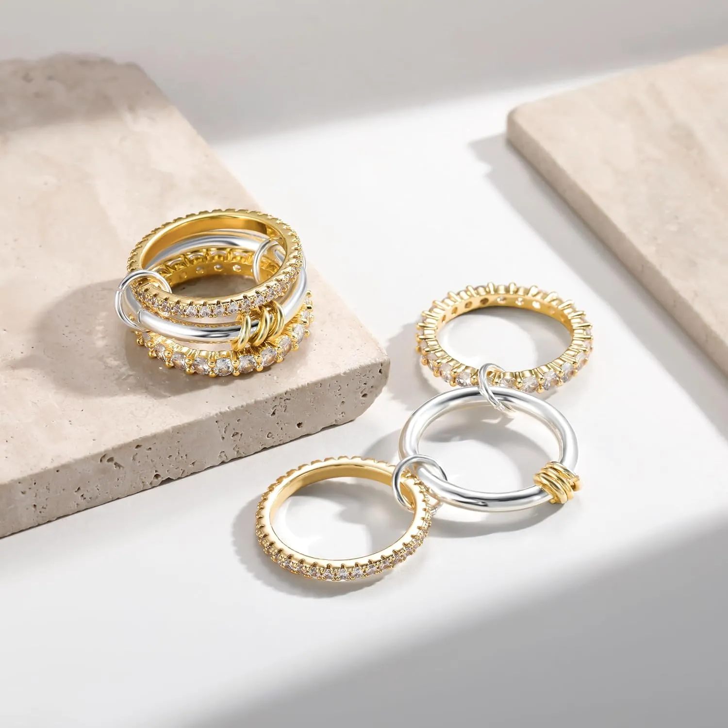 Gold Stackable Rings for Women,18k Gold Plated CZ Cubic Zirconia Rings,Non-Tarnish Silver and Gold Stacked Rings Set,Dainty Multi-Link Connected Rings Jewelry Set