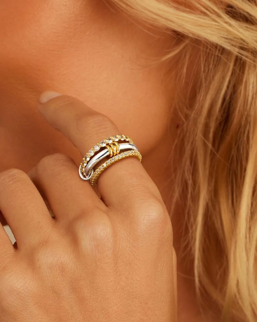 Gold Stackable Rings for Women,18k Gold Plated CZ Cubic Zirconia Rings,Non-Tarnish Silver and Gold Stacked Rings Set,Dainty Multi-Link Connected Rings Jewelry Set