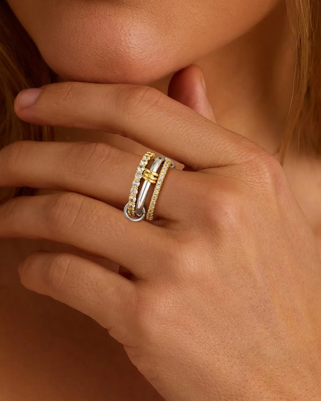 Gold Stackable Rings for Women,18k Gold Plated CZ Cubic Zirconia Rings,Non-Tarnish Silver and Gold Stacked Rings Set,Dainty Multi-Link Connected Rings Jewelry Set