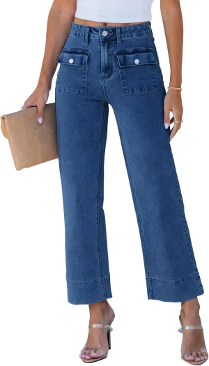 GRAPENT Wide Leg Jeans for Women Trendy High Waisted Straight Leg Cropped Stretchy Denim Pants with Retro Patch Pockets