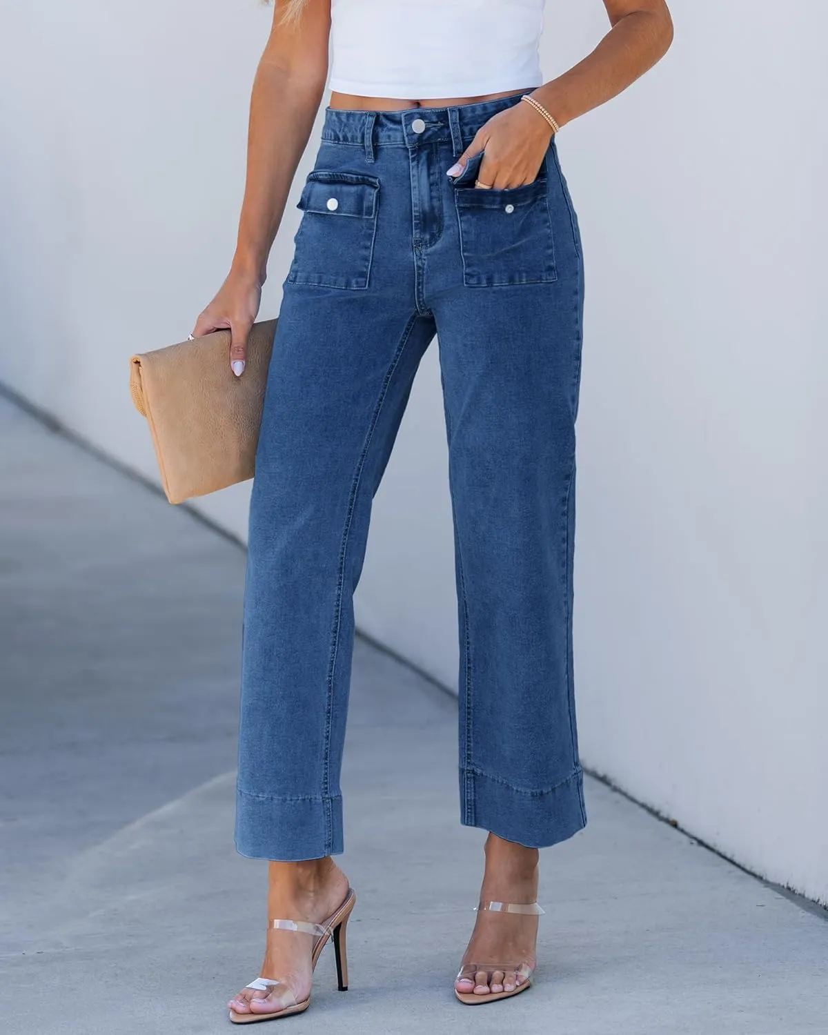 GRAPENT Wide Leg Jeans for Women Trendy High Waisted Straight Leg Cropped Stretchy Denim Pants with Retro Patch Pockets