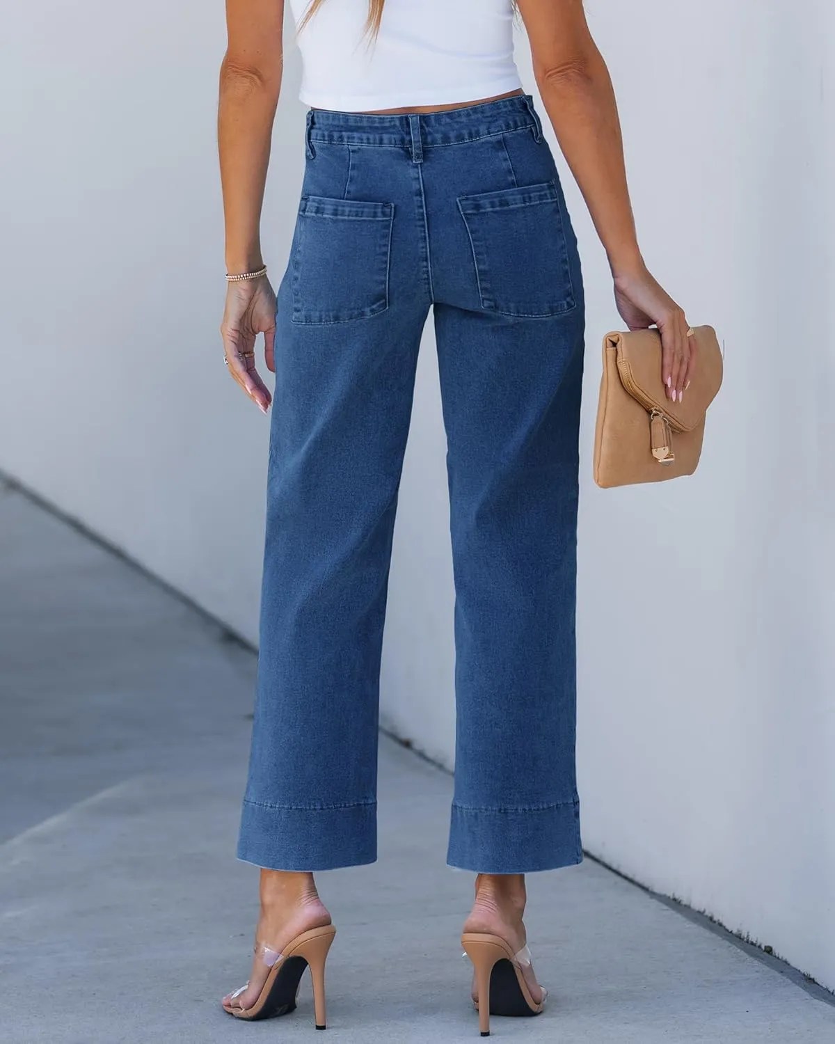 GRAPENT Wide Leg Jeans for Women Trendy High Waisted Straight Leg Cropped Stretchy Denim Pants with Retro Patch Pockets