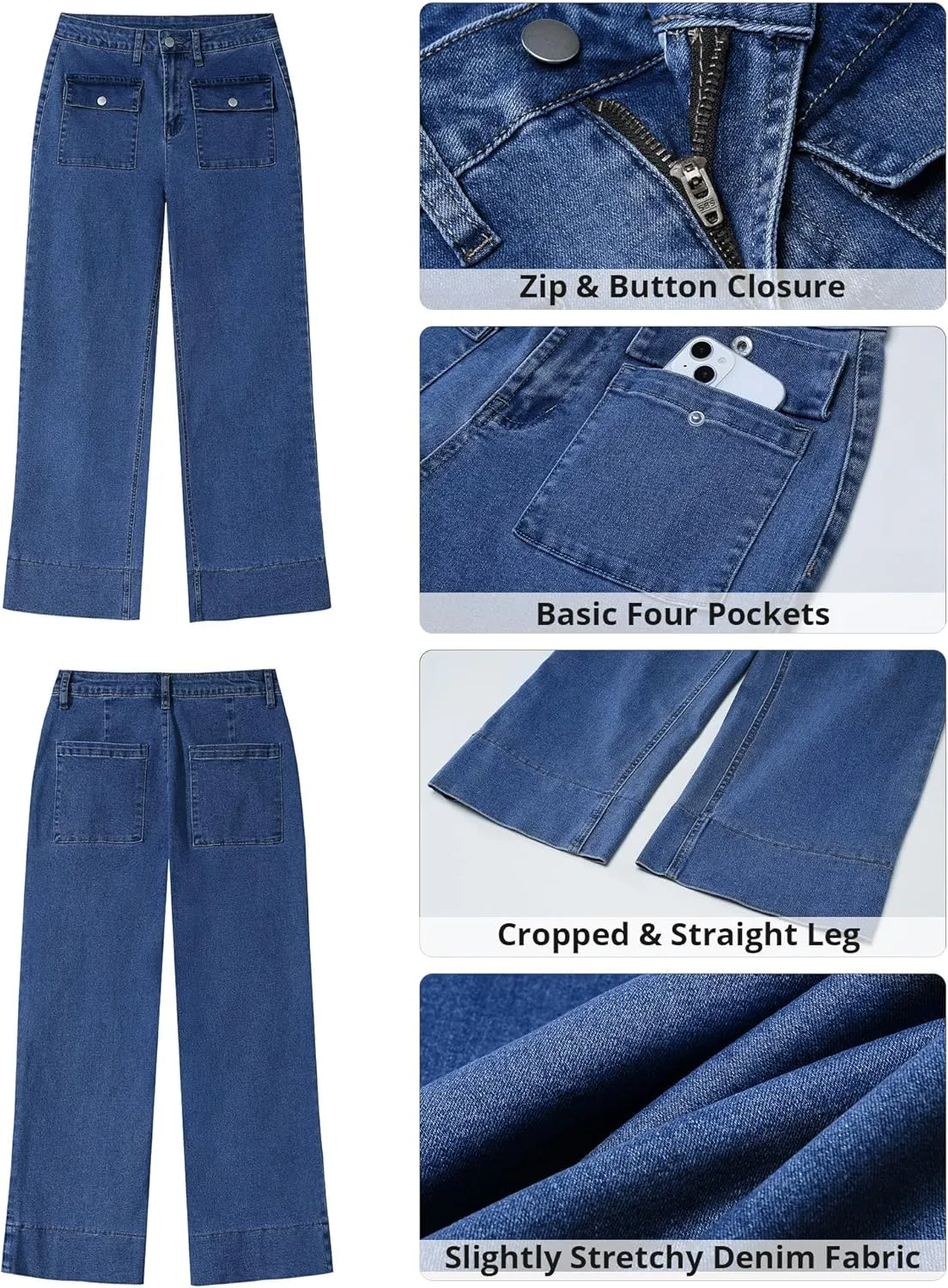 GRAPENT Wide Leg Jeans for Women Trendy High Waisted Straight Leg Cropped Stretchy Denim Pants with Retro Patch Pockets