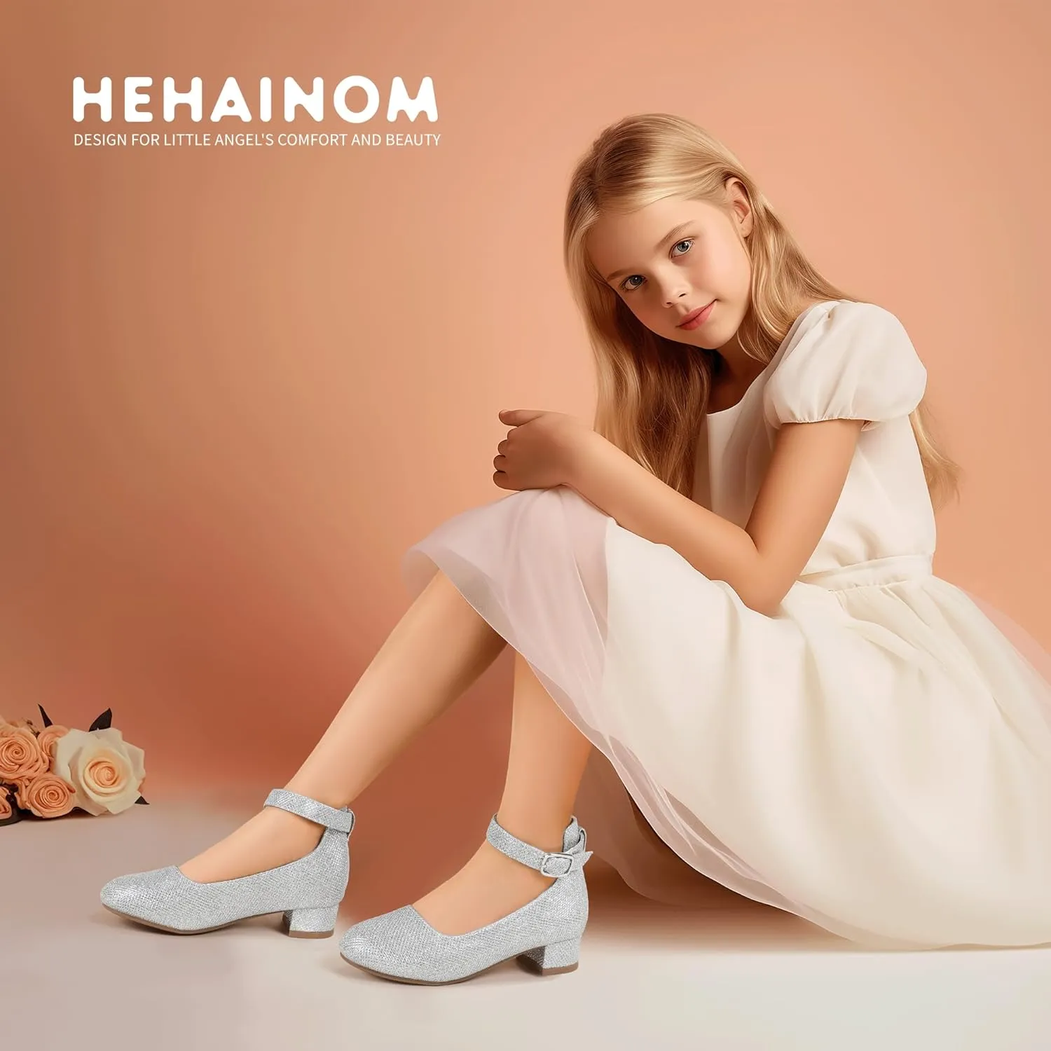 Hehainom Girls Dress Shoes Ankle Strap Flower Girl Heels for Little Big Kids Heels Wedding Church Party Shoes