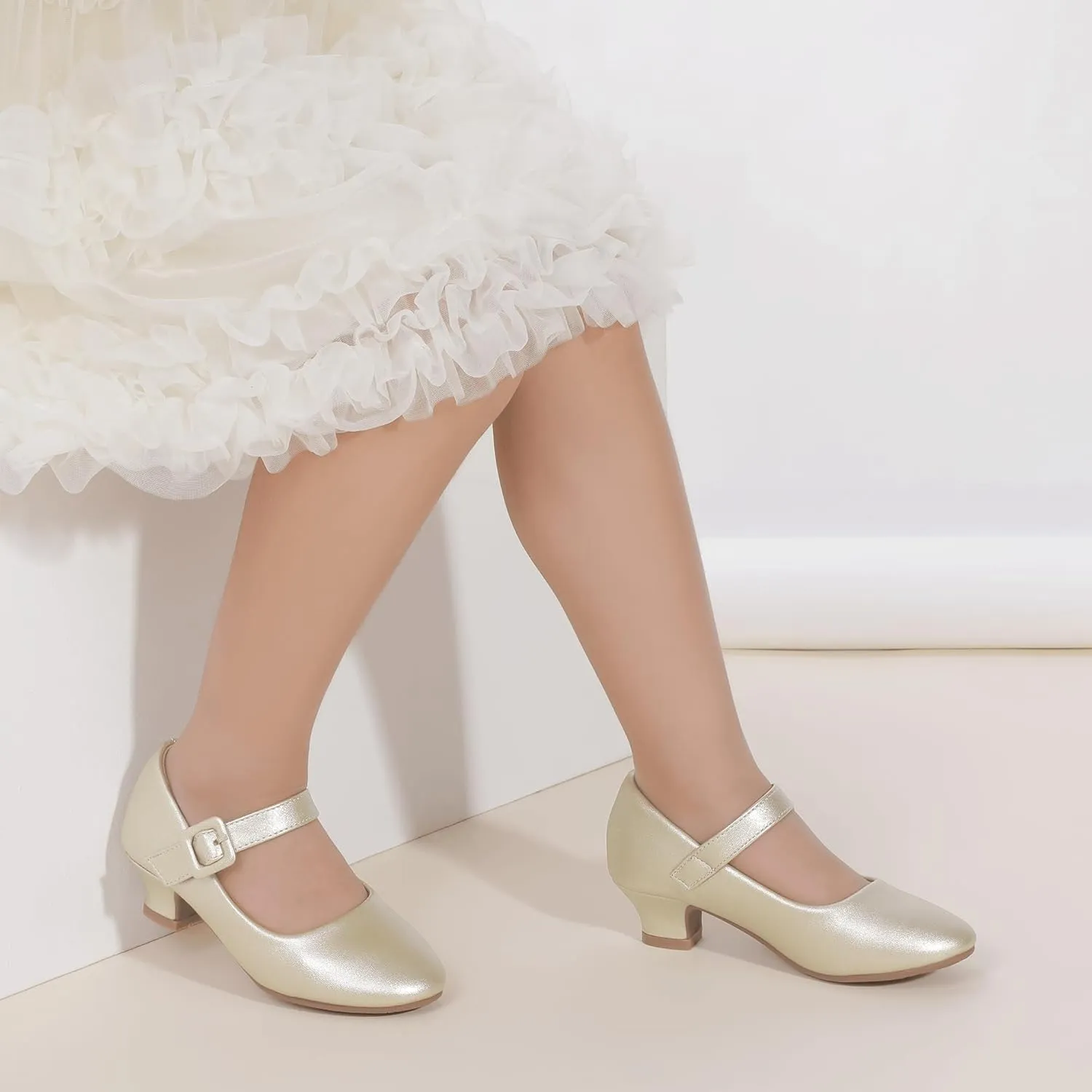 Hehainom Girls Dress Shoes Low Heels Mary Jane Flower Girl Wedding Party Communion Toddler Kids Heels