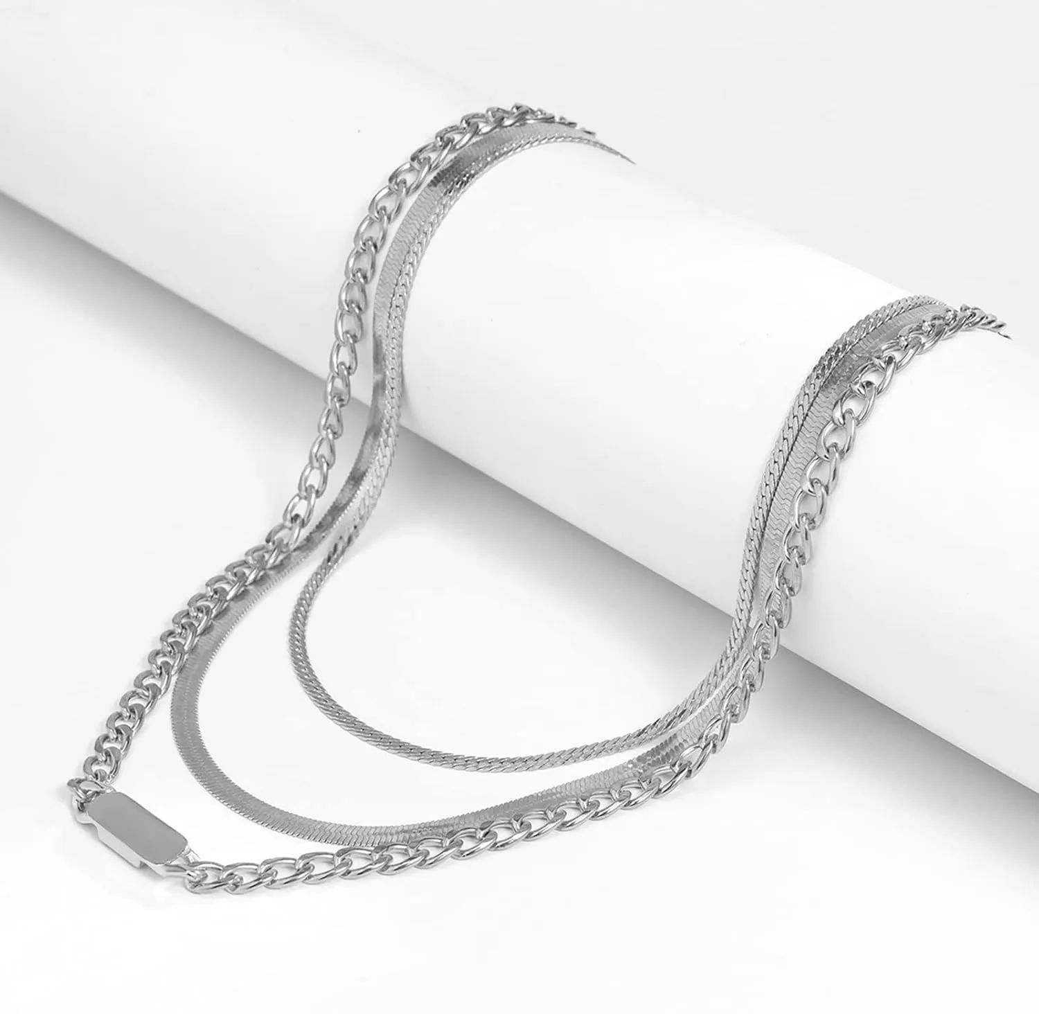 Herringbone Chain Layering Necklaces Long, Bar 3 Layer Chunky Gold Necklaces for Women