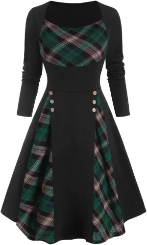 HGOOGY Graduation Dress for Women Retro Women Plus Size Plaid Insert Mock Button Long Sleeve Dress High Neck Midi