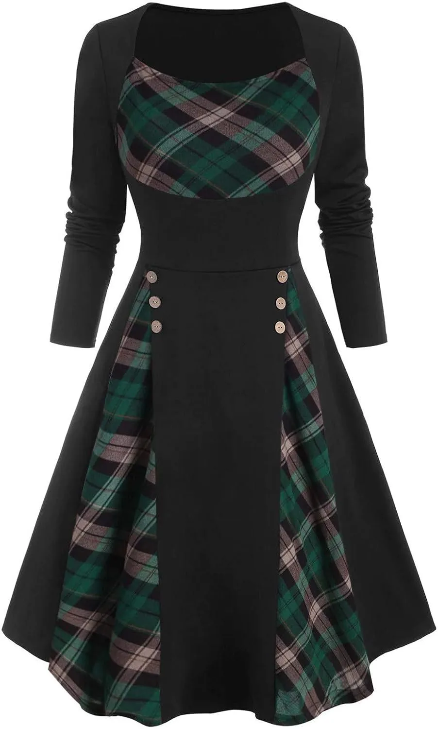 HGOOGY Graduation Dress for Women Retro Women Plus Size Plaid Insert Mock Button Long Sleeve Dress High Neck Midi