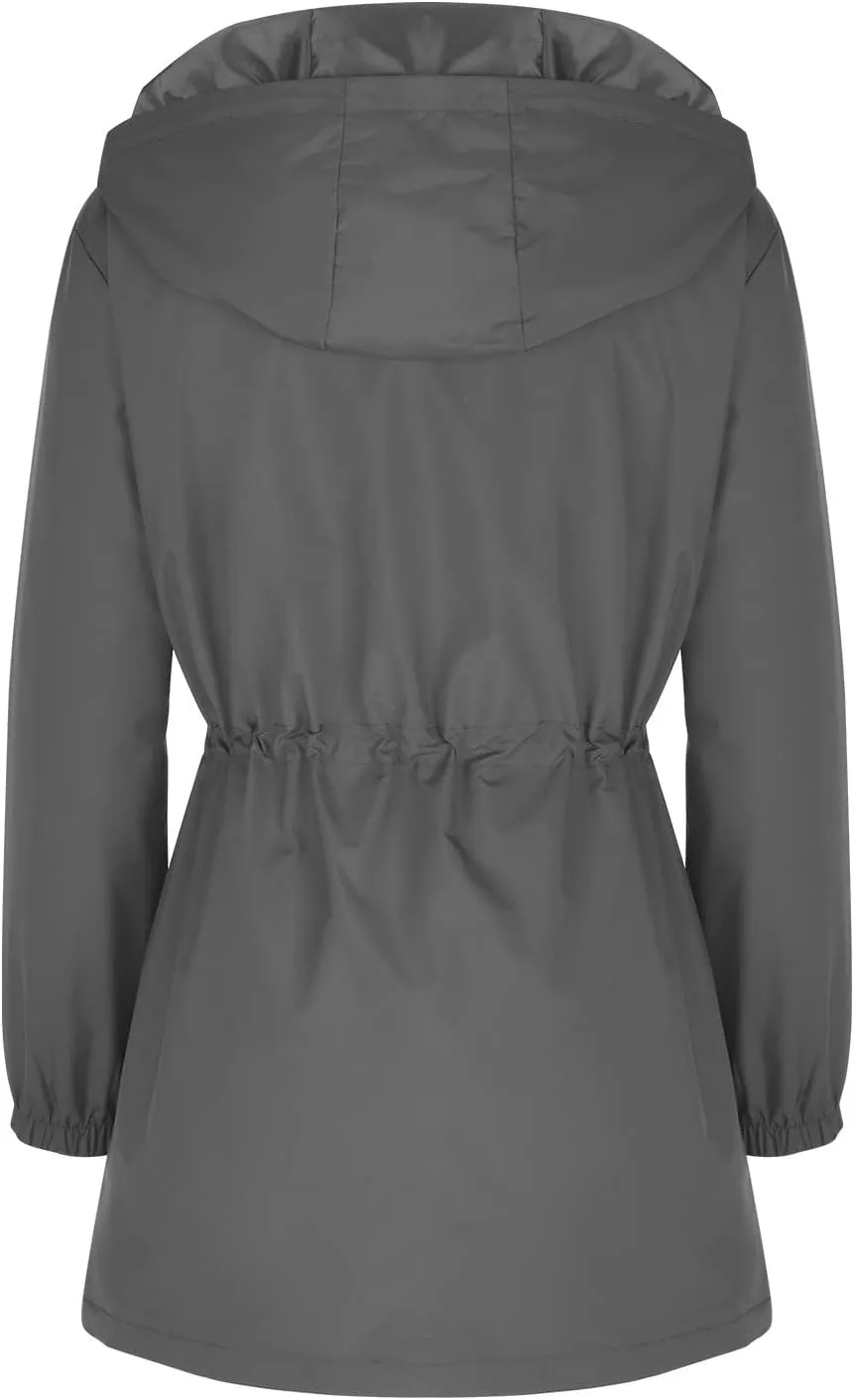 HGps8w Women's Drawstring Waist Raincoat Lightweight Waterproof Hooded Trench Coats Outdoor Windbreaker Long Travel Jackets