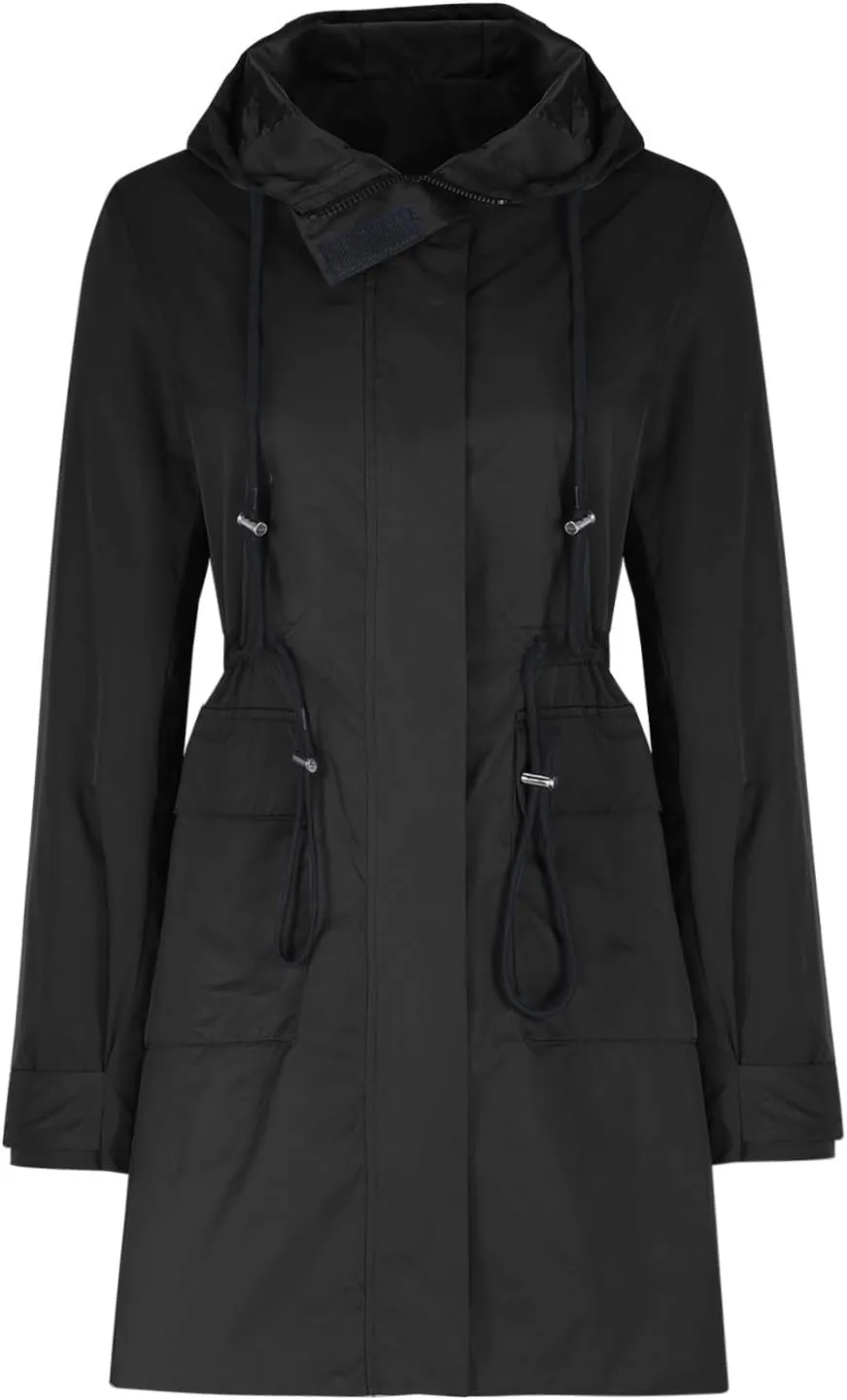 HGps8w Women's Drawstring Waist Raincoat Waterproof Hooded Trench Coats Lightweight Outdoor Windbreaker Long Travel Jackets