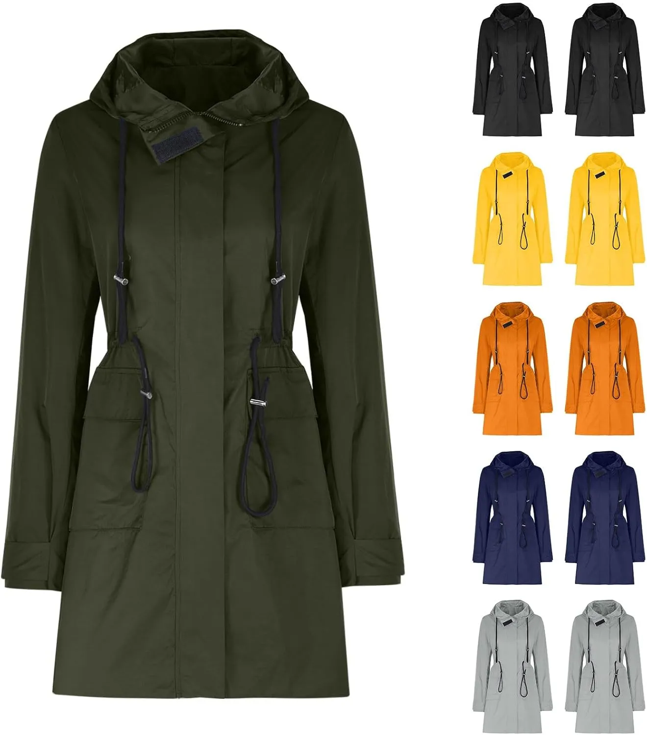 HGps8w Women's Drawstring Waist Raincoat Waterproof Hooded Trench Coats Lightweight Outdoor Windbreaker Long Travel Jackets
