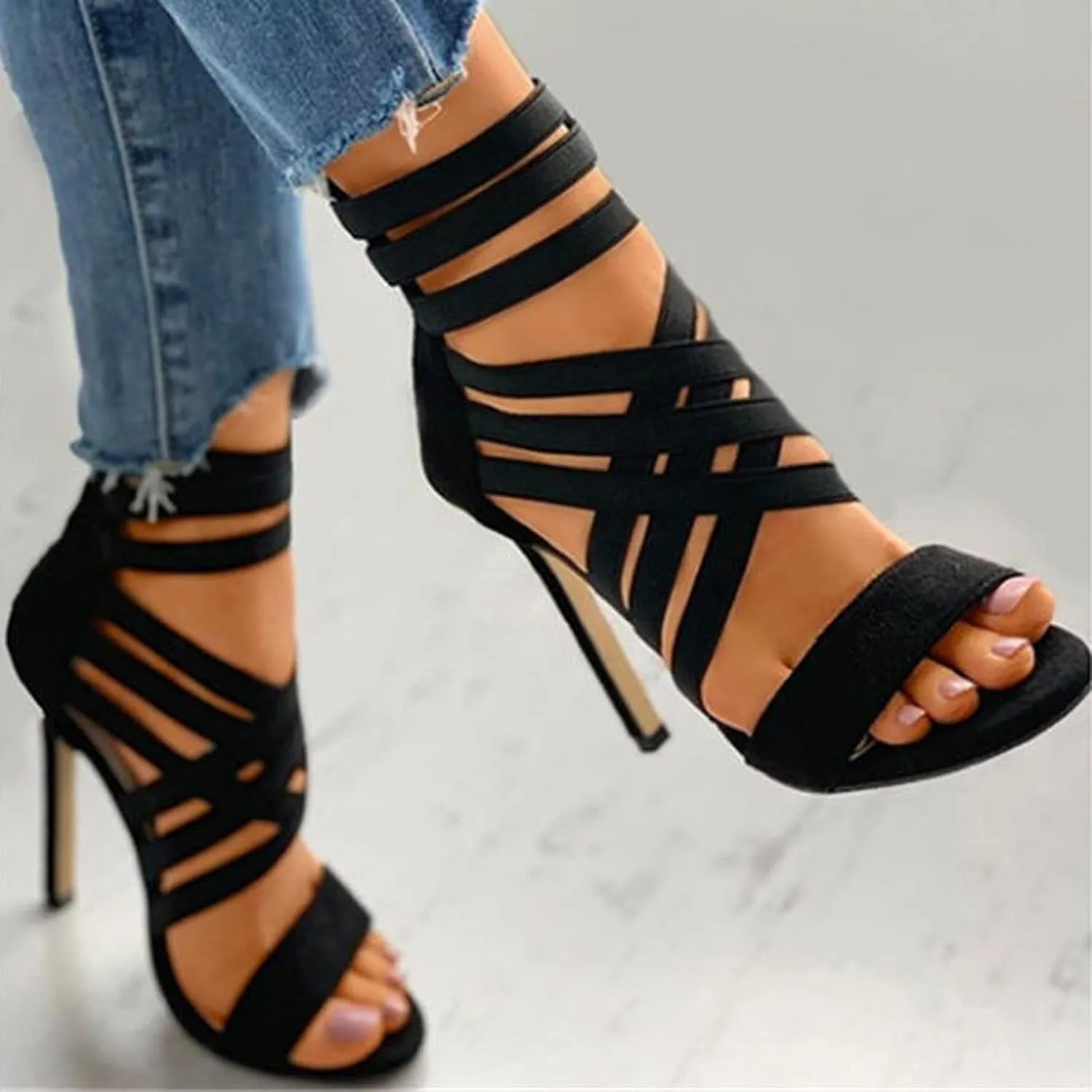 High Heel License Plate Frame for Women Heels Casual Breathable Zipper Sandals Peep High Heels Pads for Women