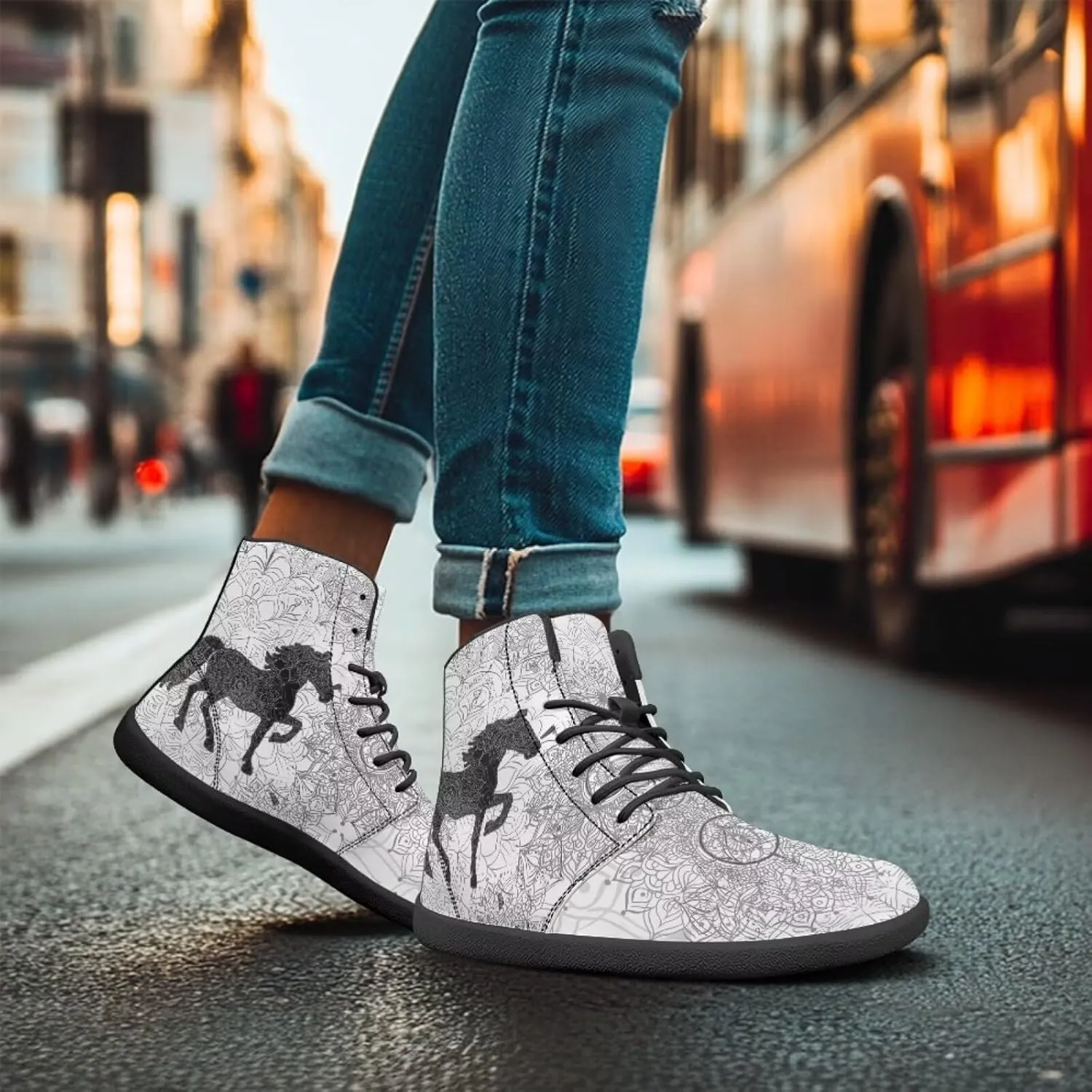 High Top Black White Mandala Animal Pattern Barefoot Shoes for Men Wide Toe Box Zero-Drop Minimalist Design