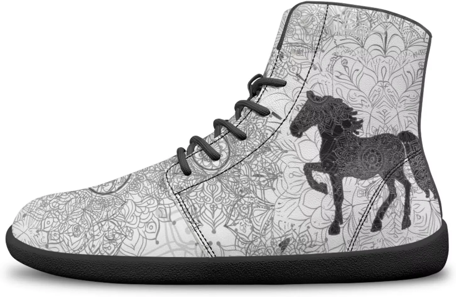 High Top Black White Mandala Animal Pattern Barefoot Shoes for Men Wide Toe Box Zero-Drop Minimalist Design