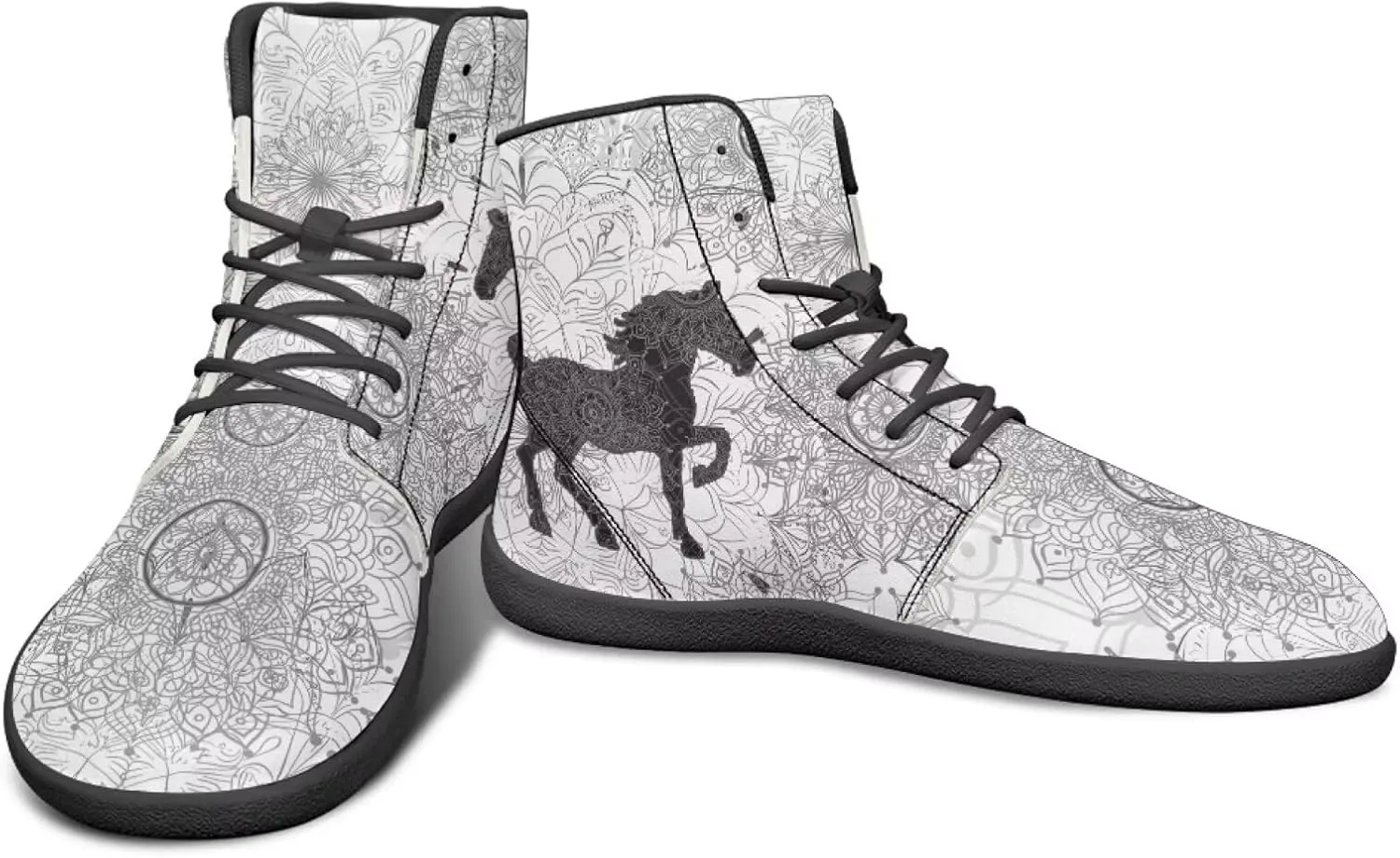 High Top Black White Mandala Animal Pattern Barefoot Shoes for Men Wide Toe Box Zero-Drop Minimalist Design