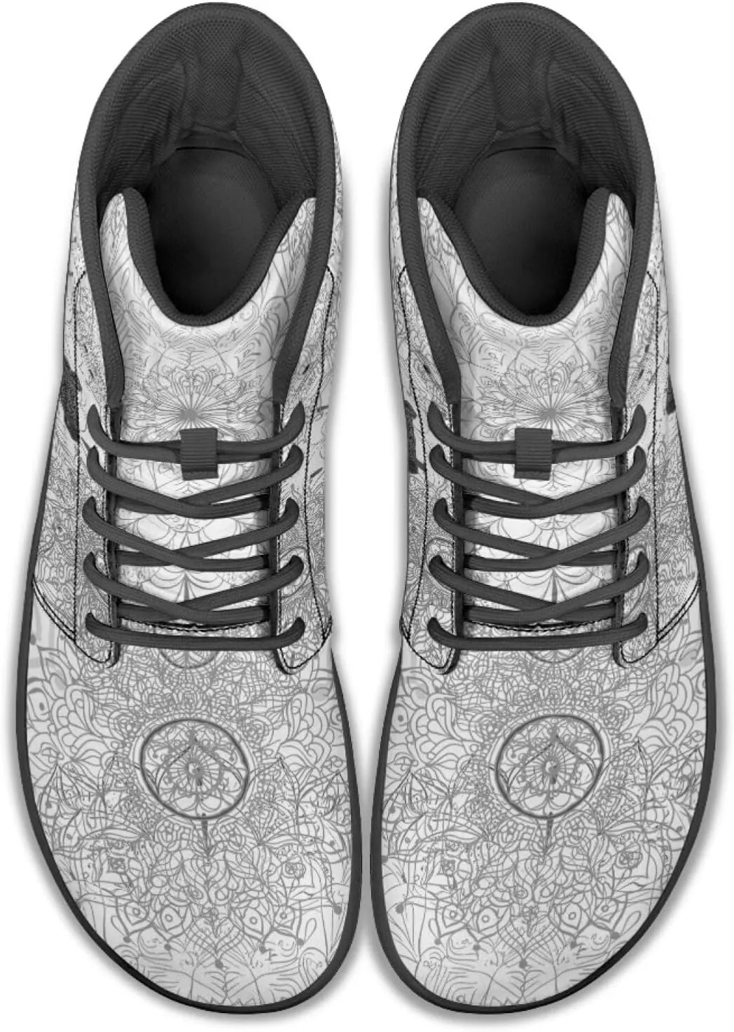 High Top Black White Mandala Animal Pattern Barefoot Shoes for Men Wide Toe Box Zero-Drop Minimalist Design