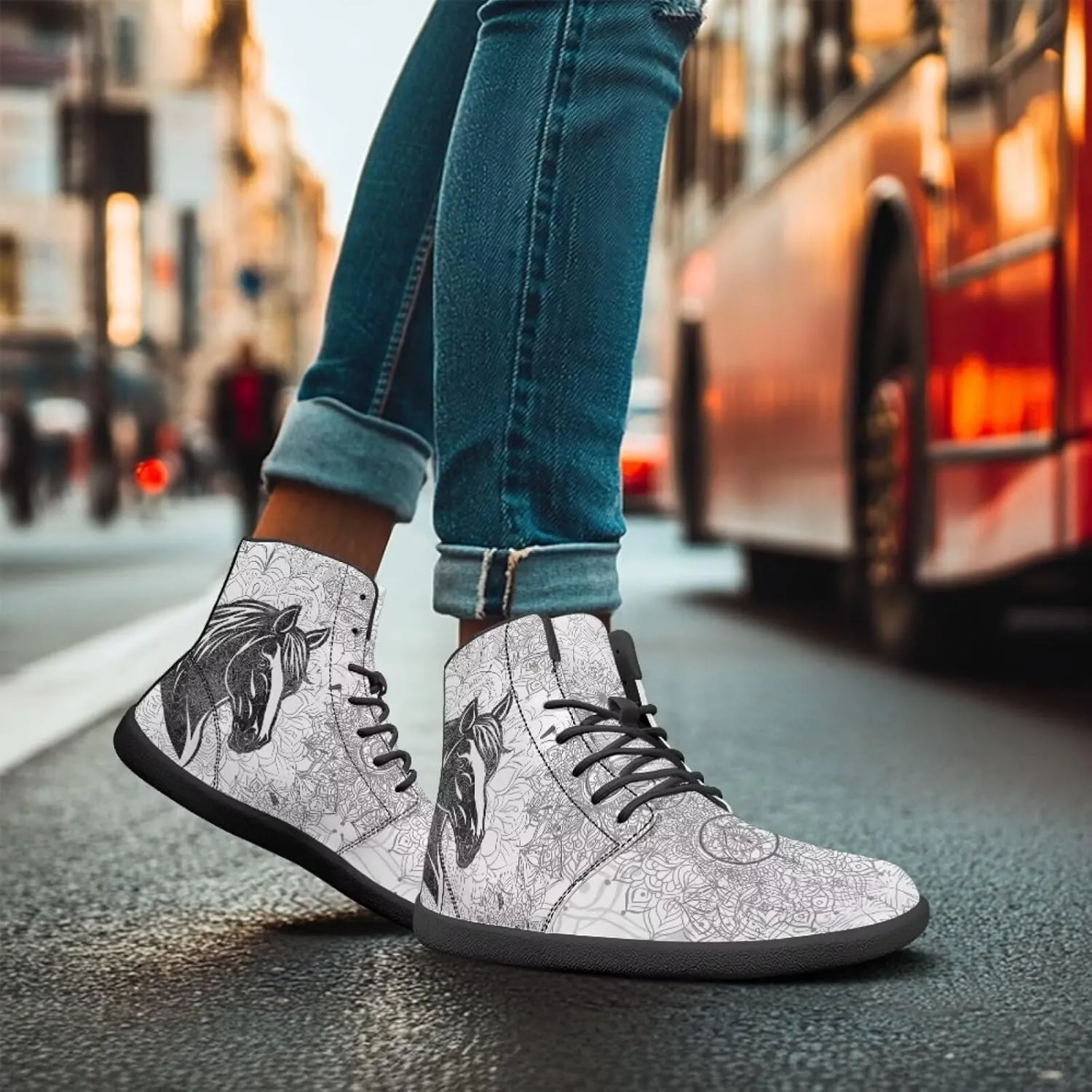 High Top Black White Mandala Animal Pattern Barefoot Shoes for Men Wide Toe Box Zero-Drop Minimalist Design
