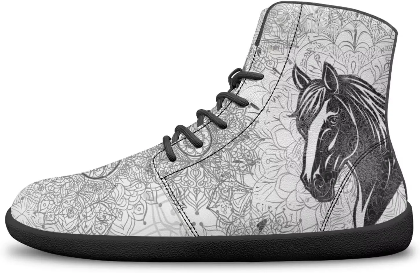 High Top Black White Mandala Animal Pattern Barefoot Shoes for Men Wide Toe Box Zero-Drop Minimalist Design