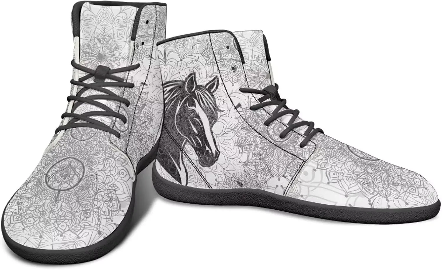 High Top Black White Mandala Animal Pattern Barefoot Shoes for Men Wide Toe Box Zero-Drop Minimalist Design
