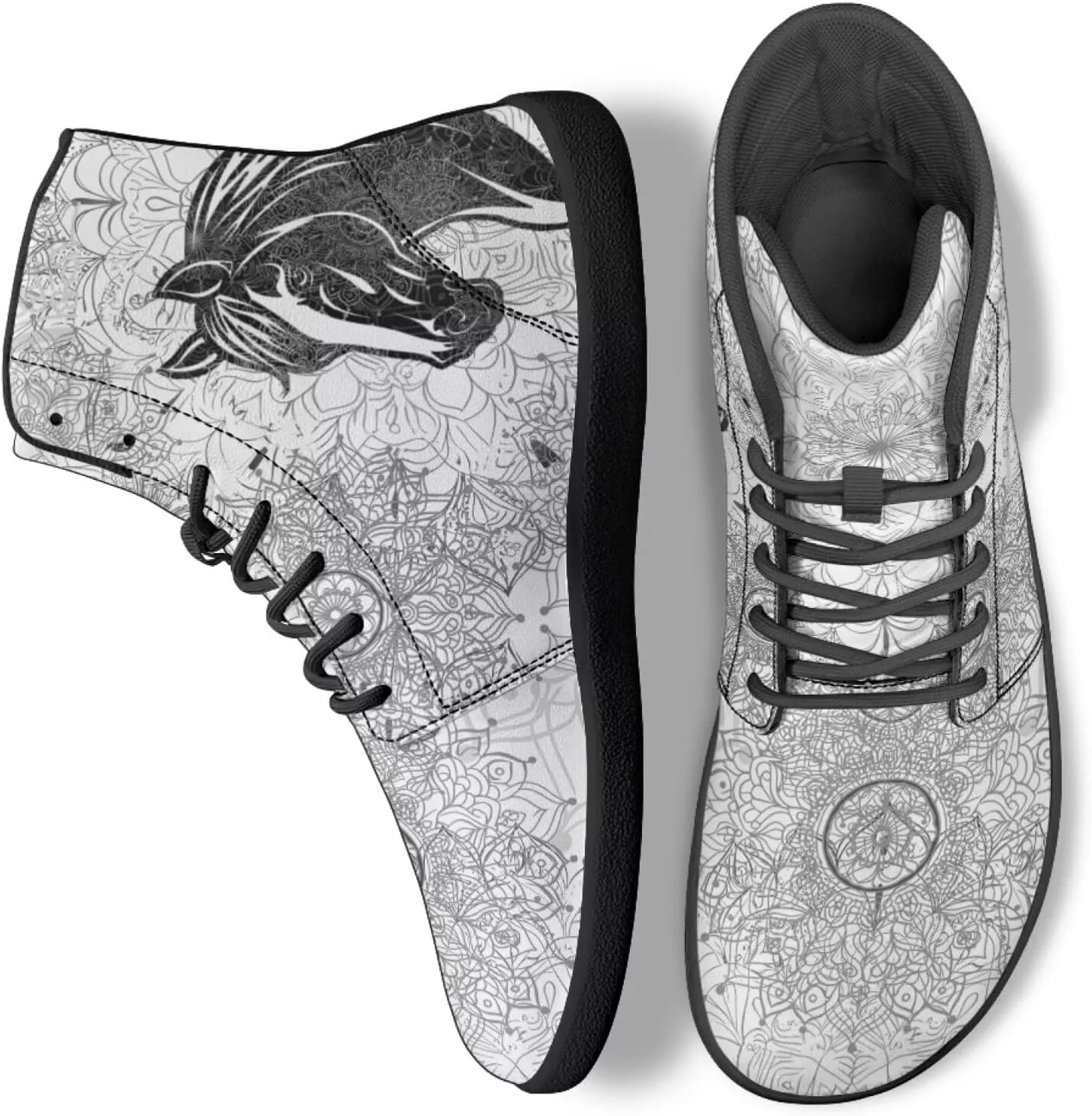 High Top Black White Mandala Animal Pattern Barefoot Shoes for Men Wide Toe Box Zero-Drop Minimalist Design
