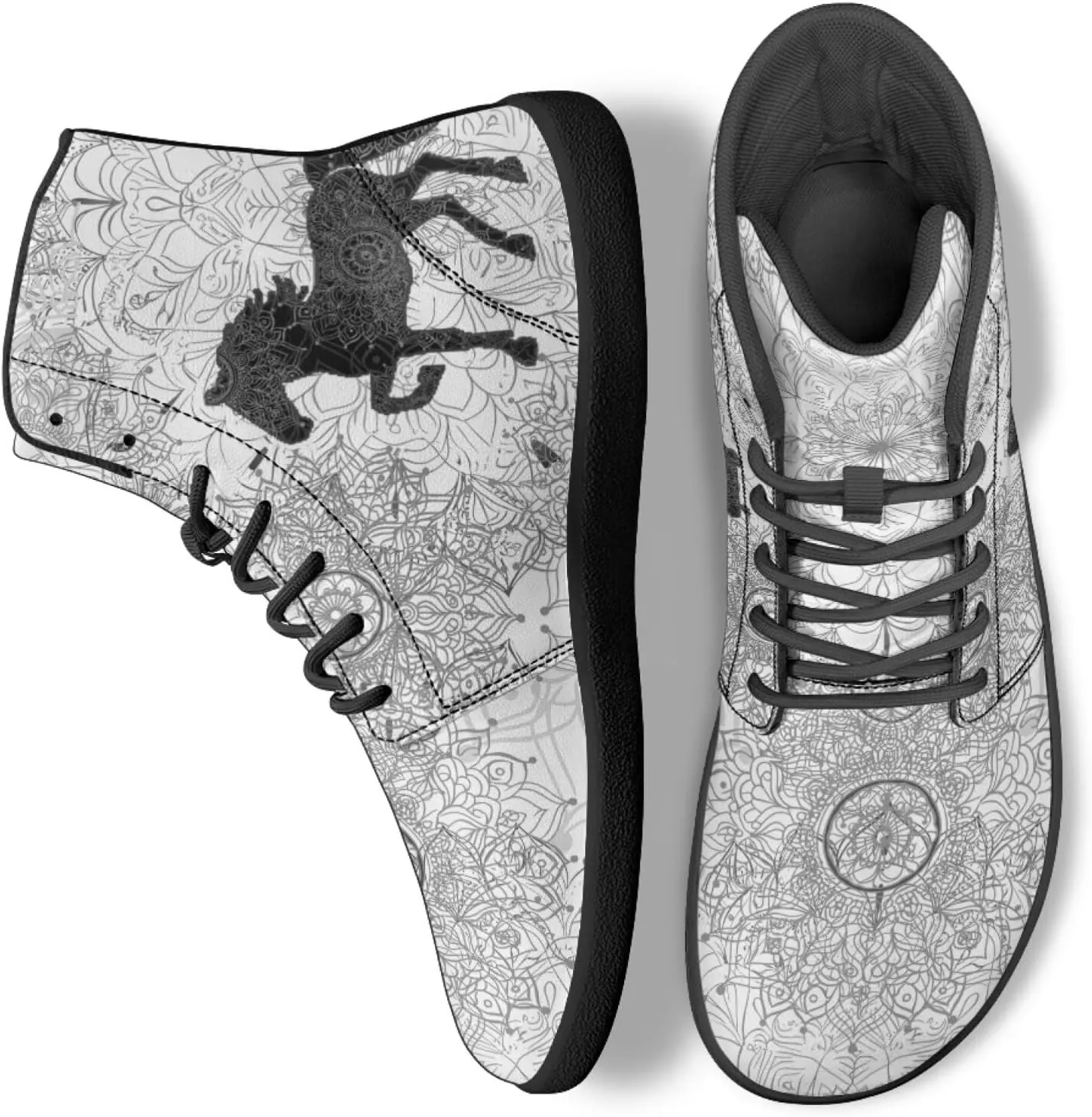 High Top Black White Mandala Animal Pattern Barefoot Shoes for Men Wide Toe Box Zero-Drop Minimalist Design