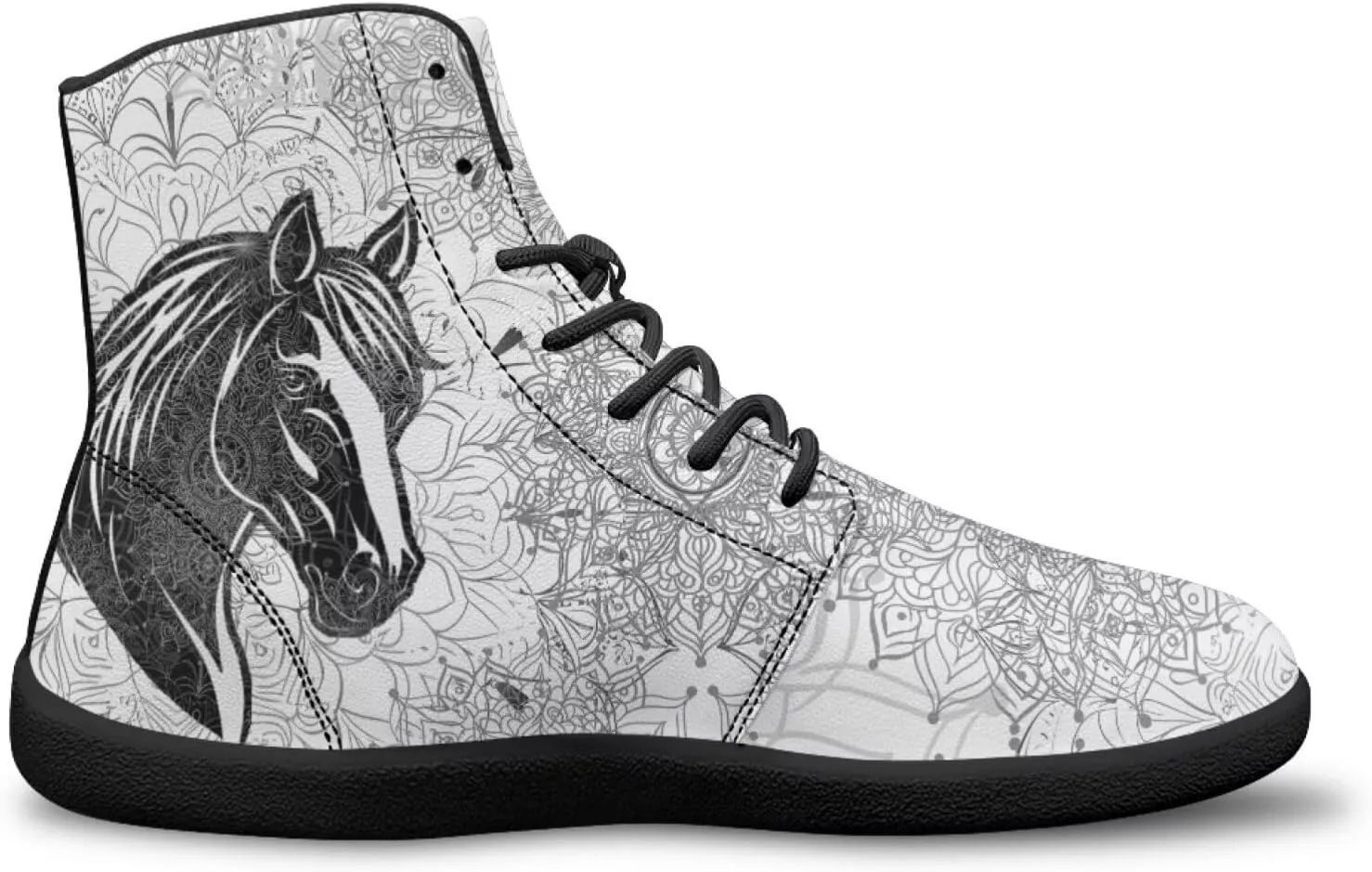 High Top Black White Mandala Animal Pattern Barefoot Shoes for Men Wide Toe Box Zero-Drop Minimalist Design