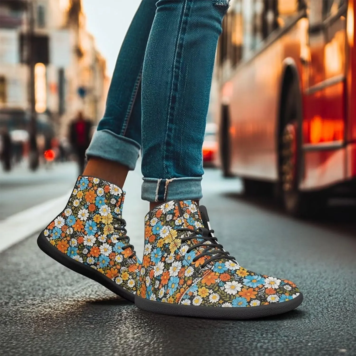 High Top Flower Design Wide Toe Barefoot Shoes for Men - Cross Training Running Shoes with Rubber Sole