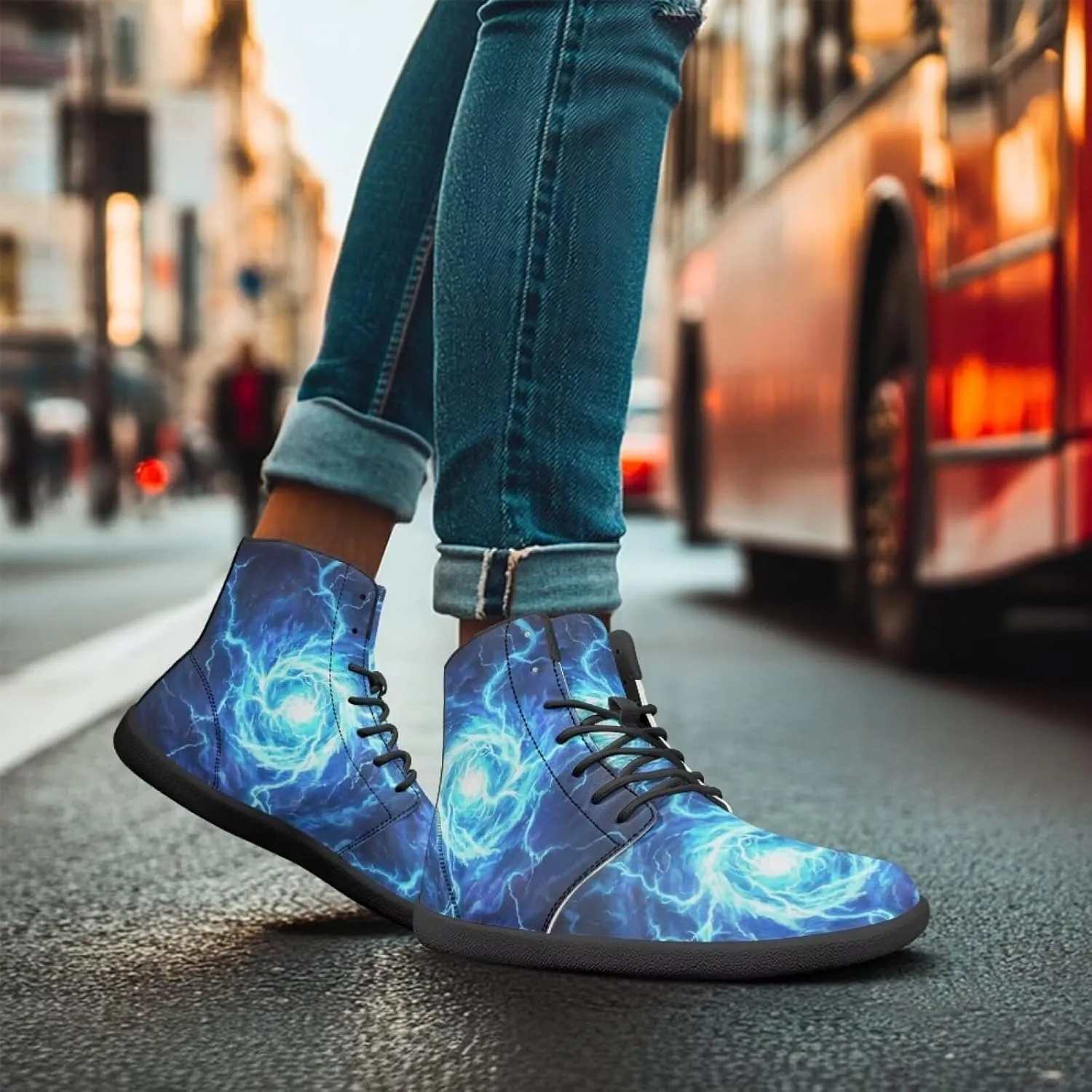 High Top Lightning Flame Pattern Zero-Drop Barefoot Shoes PU Leather Running Shoes Grounding Shoes for Men