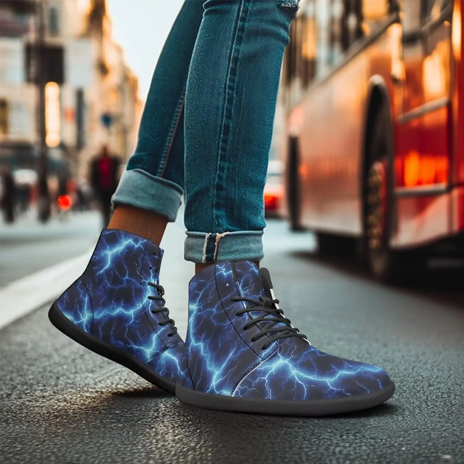 High Top Lightning Flame Pattern Zero-Drop Barefoot Shoes PU Leather Running Shoes Grounding Shoes for Men