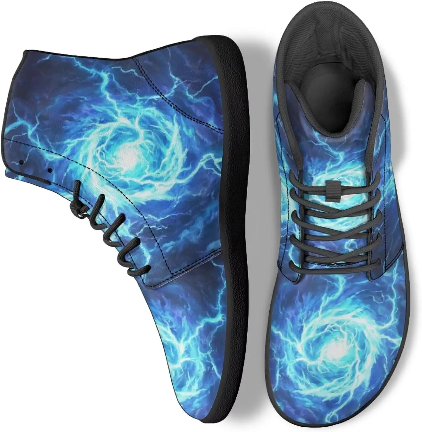 High Top Lightning Flame Pattern Zero-Drop Barefoot Shoes PU Leather Running Shoes Grounding Shoes for Men