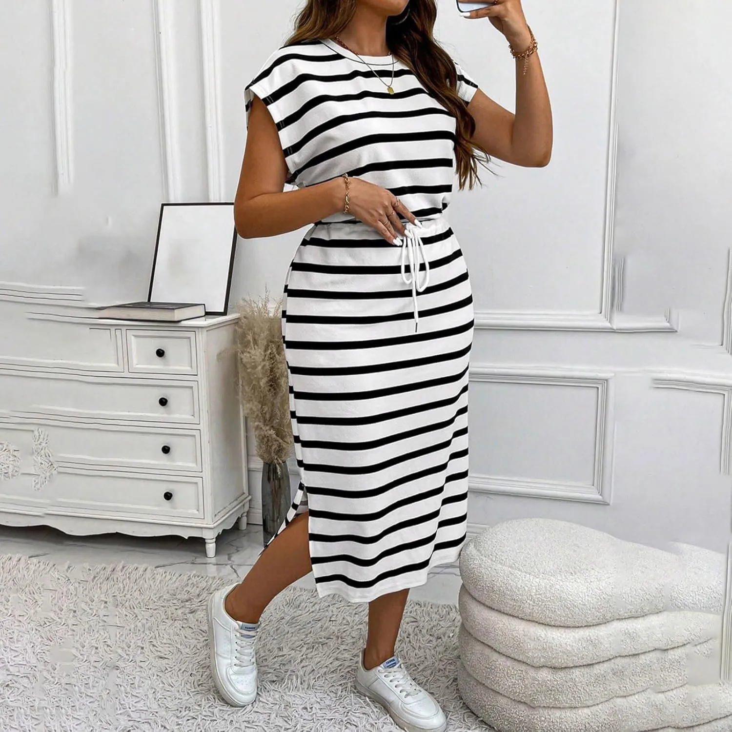 hlysgo Going Out Dresses for Women 2025 Summer Casual Short Sleeve Midi Dress Plus Size Drawstring Waist Stripes Beach Dress