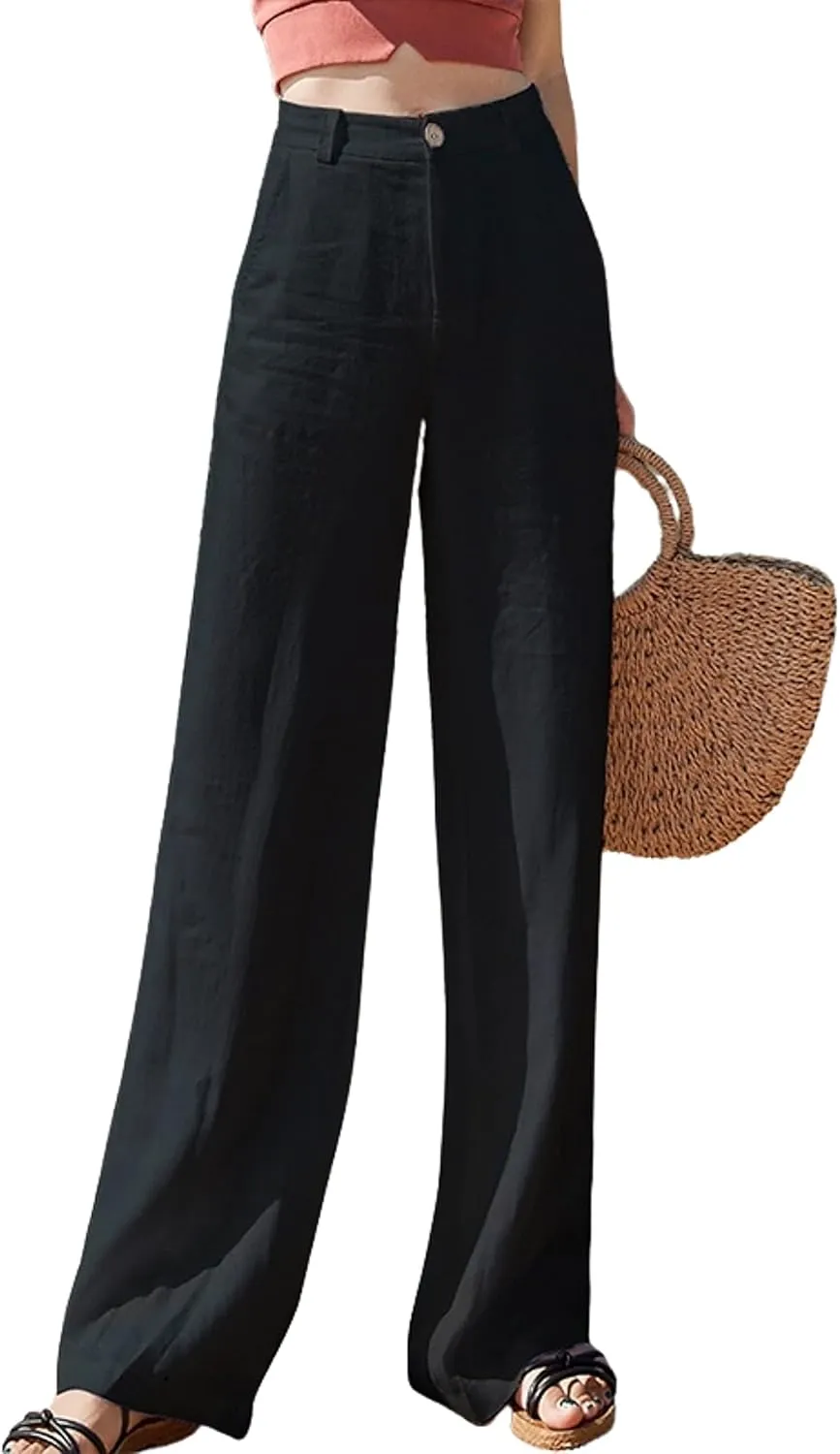 Hooever Womens Casual High Waisted Wide Leg Pants Button Up Straight Leg Trousers