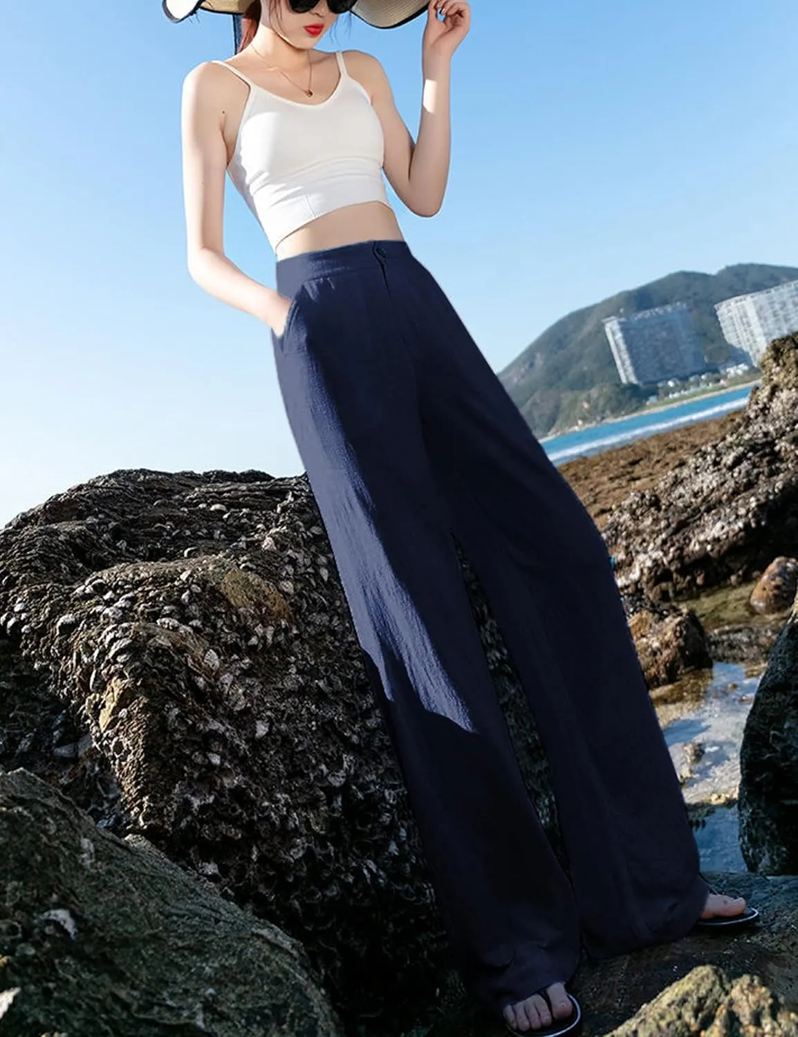 Hooever Womens Casual High Waisted Wide Leg Pants Button Up Straight Leg Trousers