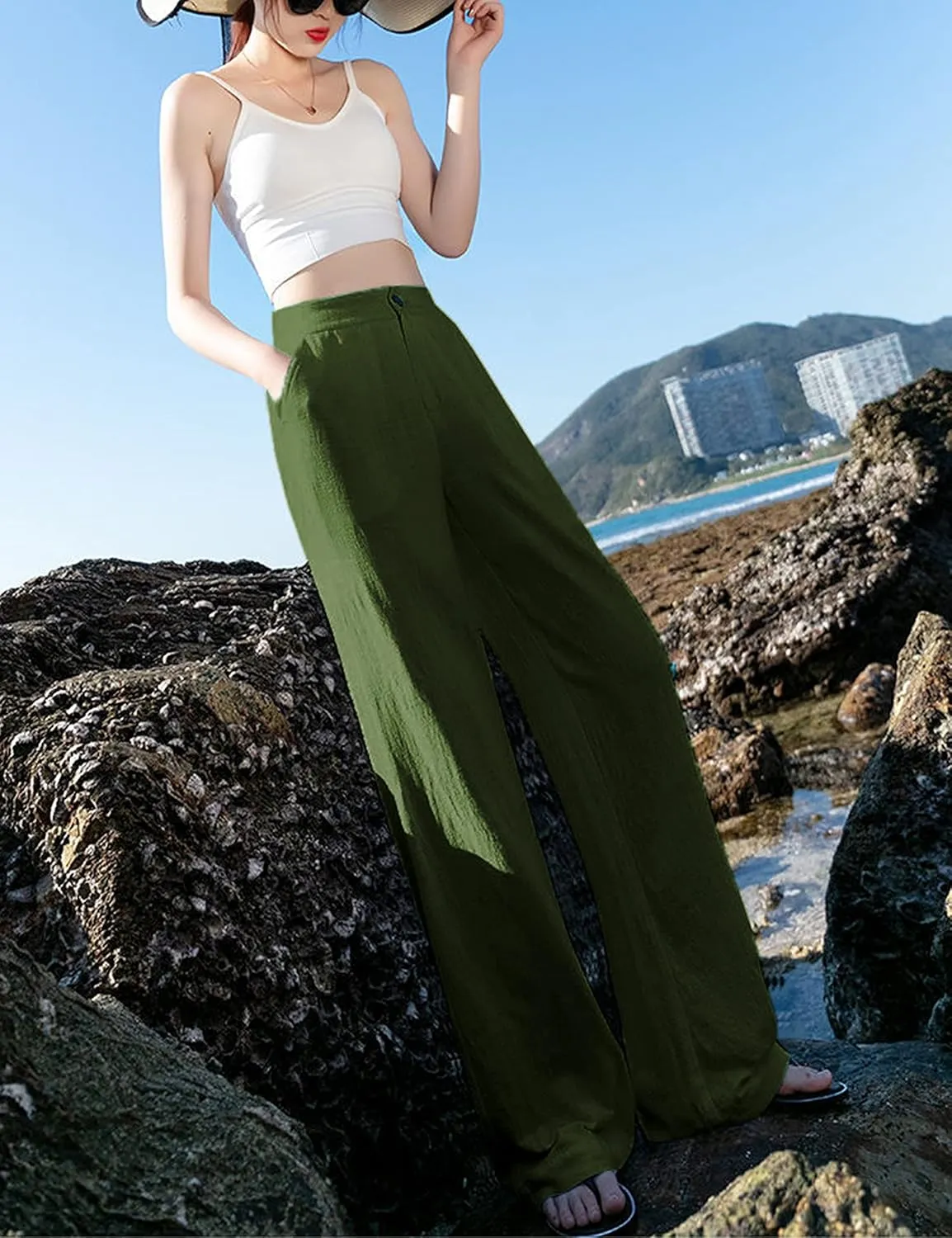 Hooever Womens Casual High Waisted Wide Leg Pants Button Up Straight Leg Trousers